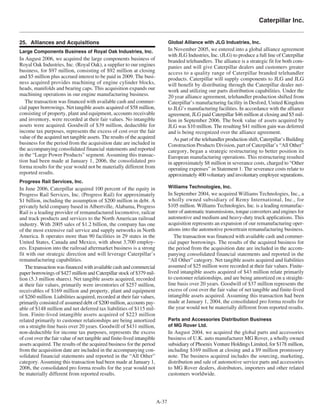 Caterpillar Inc.
A-37
25. Alliances and Acquisitions
Large Components Business of Royal Oak Industries, Inc.
In August 2006, we acquired the large components business of
Royal Oak Industries, Inc. (Royal Oak), a supplier to our engines
business, for $97 million, consisting of $92 million at closing
and $5 million plus accrued interest to be paid in 2009. The busi-
ness acquired provides machining of engine cylinder blocks,
heads, manifolds and bearing caps. This acquisition expands our
machining operations in our engine manufacturing business.
The transaction was financed with available cash and commer-
cial paper borrowings. Net tangible assets acquired of $58 million,
consisting of property, plant and equipment, accounts receivable
and inventory, were recorded at their fair values. No intangible
assets were acquired. Goodwill of $39 million, deductible for
income tax purposes, represents the excess of cost over the fair
value of the acquired net tangible assets. The results of the acquired
business for the period from the acquisition date are included in
the accompanying consolidated financial statements and reported
in the “Large Power Products” segment. Assuming this transac-
tion had been made at January 1, 2006, the consolidated pro
forma results for the year would not be materially different from
reported results.
Progress Rail Services, Inc.
In June 2006, Caterpillar acquired 100 percent of the equity in
Progress Rail Services, Inc. (Progress Rail) for approximately
$1 billion, including the assumption of $200 million in debt. A
privately held company based in Albertville, Alabama, Progress
Rail is a leading provider of remanufactured locomotive, railcar
and track products and services to the North American railroad
industry. With 2005 sales of $1.2 billion, the company has one
of the most extensive rail service and supply networks in North
America. It operates more than 90 facilities in 29 states in the
United States, Canada and Mexico, with about 3,700 employ-
ees. Expansion into the railroad aftermarket business is a strong
fit with our strategic direction and will leverage Caterpillar’s
remanufacturing capabilities.
The transaction was financed with available cash and commercial
paper borrowings of $427 million and Caterpillar stock of $379 mil-
lion (5.3 million shares). Net tangible assets acquired, recorded
at their fair values, primarily were inventories of $257 million,
receivables of $169 million and property, plant and equipment
of $260 million. Liabilities acquired, recorded at their fair values,
primarily consisted of assumed debt of $200 million, accounts pay-
able of $148 million and net deferred tax liabilities of $115 mil-
lion. Finite-lived intangible assets acquired of $223 million
related primarily to customer relationships are being amortized
on a straight-line basis over 20 years. Goodwill of $431 million,
non-deductible for income tax purposes, represents the excess
of cost over the fair value of net tangible and finite-lived intangible
assets acquired. The results of the acquired business for the period
from the acquisition date are included in the accompanying con-
solidated financial statements and reported in the “All Other”
category. Assuming this transaction had been made at January 1,
2006, the consolidated pro forma results for the year would not
be materially different from reported results.
Global Alliance with JLG Industries, Inc.
In November 2005, we entered into a global alliance agreement
with JLG Industries, Inc. (JLG) to produce a full line of Caterpillar
branded telehandlers. The alliance is a strategic fit for both com-
panies and will give Caterpillar dealers and customers greater
access to a quality range of Caterpillar branded telehandler
products. Caterpillar will supply components to JLG and JLG
will benefit by distributing through the Caterpillar dealer net-
work and utilizing our parts distribution capabilities. Under the
20 year alliance agreement, telehandler production shifted from
Caterpillar’s manufacturing facility in Desford, United Kingdom
to JLG’s manufacturing facilities. In accordance with the alliance
agreement, JLG paid Caterpillar $46 million at closing and $5 mil-
lion in September 2006. The book value of assets acquired by
JLG was $10 million. The resulting $41 million gain was deferred
and is being recognized over the alliance agreement.
As part of the telehandler production shift, Caterpillar’s Building
Construction Products Division, part of Caterpillar’s “All Other”
category, began a strategic restructuring to better position its
European manufacturing operations. This restructuring resulted
in approximately $8 million in severance costs, charged to “Other
operating expenses” in Statement 1. The severance costs relate to
approximately 400 voluntary and involuntary employee separations.
Williams Technologies, Inc.
In September 2004, we acquired Williams Technologies, Inc., a
wholly owned subsidiary of Remy International, Inc., for
$105 million. Williams Technologies, Inc. is a leading remanufac-
turer of automatic transmissions, torque converters and engines for
automotive and medium and heavy-duty truck applications. This
acquisition represents an expansion of our remanufacturing oper-
ations into the automotive powertrain remanufacturing business.
The transaction was financed with available cash and commer-
cial paper borrowings. The results of the acquired business for
the period from the acquisition date are included in the accom-
panying consolidated financial statements and reported in the
“All Other” category. Net tangible assets acquired and liabilities
assumed of $25 million were recorded at their fair values. Finite-
lived intangible assets acquired of $43 million relate primarily
to customer relationships, and are being amortized on a straight-
line basis over 20 years. Goodwill of $37 million represents the
excess of cost over the fair value of net tangible and finite-lived
intangible assets acquired. Assuming this transaction had been
made at January 1, 2004, the consolidated pro forma results for
the year would not be materially different from reported results.
Parts and Accessories Distribution Business
of MG Rover Ltd.
In August 2004, we acquired the global parts and accessories
business of U.K. auto manufacturer MG Rover, a wholly owned
subsidiary of Phoenix Venture Holdings Limited, for $178 million,
including $169 million at closing and a $9 million promissory
note. The business acquired includes the sourcing, marketing,
distribution and sale of automotive service parts and accessories
to MG Rover dealers, distributors, importers and other related
customers worldwide.
 