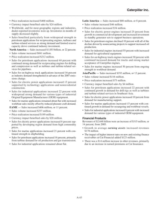 • Price realization increased $468 million.
• Currency impact benefited sales by $24 million.
• Worldwide, and for most geographic regions and industries,
dealer-reported inventories were up. Inventories in months of
supply decreased slightly.
• Sales benefited particularly from widespread strength in
petroleum applications for reciprocating engines, turbines and
turbine-related services as strong demand and limited reserve
capacity drove continued industry investment.
North America — Sales increased $1.053 billion, or 22 percent.
• Sales volume increased $841 million.
• Price realization increased $212 million.
• Sales for petroleum applications increased 44 percent with
continued strong demand for reciprocating engines for drilling
and compression as well as turbines and turbine-related ser-
vices for pipelines.
• Sales for on-highway truck applications increased 16 percent
as industry demand strengthened in advance of the 2007 emis-
sions change.
• Sales for electric power applications increased 13 percent
supported by technology applications and nonresidential
construction.
• Sales for industrial applications increased 22 percent with
widespread strong demand for various types of industrial
Original Equipment Manufacturer (OEM) equipment.
• Sales for marine applications remained about flat with increased
workboat sales mostly offset by reduced pleasure craft demand.
EAME — Sales increased $406 million, or 11 percent.
• Sales volume increased $237 million.
• Price realization increased $149 million.
• Currency impact benefited sales by $20 million.
• Sales for electric power applications increased 8 percent sup-
ported by developing region demand from high commodity
prices.
• Sales for marine applications increased 21 percent with con-
tinued strength in shipbuilding.
• Sales for petroleum applications increased 16 percent, primarily
from turbine demand for oil production and gas transmission.
• Sales for industrial applications remained about flat.
Latin America — Sales increased $80 million, or 8 percent.
• Sales volume increased $46 million.
• Price realization increased $34 million.
• Sales for electric power engines increased 25 percent from
growth in commercial development and increased investment
in standby generator sets to support business operations.
• Sales for petroleum engines declined 10 percent with all of the
decline driven by nonrecurring projects to support increased oil
production.
• Sales for industrial engines increased 55 percent with increased
demand for agricultural equipment.
• Sales for on-highway truck engines increased 30 percent with
continued increased demand for trucks and strong market
acceptance of Caterpillar engines.
• Sales for marine engines increased 50 percent from ongoing
strength in workboat demand.
Asia/Pacific — Sales increased $193 million, or 13 percent.
• Sales volume increased $116 million.
• Price realization increased $73 million.
• Currency impact benefited sales by $4 million.
• Sales for petroleum applications increased 22 percent with
continued growth in demand for drill rigs as well as turbines
and turbine-related services in Southeast Asia.
• Sales for electric power applications increased 10 percent from
demand for manufacturing support.
• Sales for marine applications increased 15 percent with con-
tinued growth in demand for oceangoing and workboat vessels.
• Sales for industrial applications increased 6 percent with increased
demand for various types of industrial OEM equipment.
Financial Products
Revenues of $2.648 billion were an increase of $315 million, or
14 percent, from 2005.
• Growth in average earning assets increased revenues
$178 million.
• The impact of higher interest rates on new and existing finance
receivables at Cat Financial added $123 million.
• There was a $14 million increase in other revenues, primarily
due to an increase in earned premiums at Cat Insurance.
Caterpillar Inc.
A-43
 
