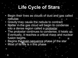 Life Cycle of Stars Begin their lives as clouds of dust and gas called nebulae Gravity may cause the nebula to contract Matter in the gas cloud will begin to condense into a dense region called a  protostar The protostar continues to condense, it heats up. Eventually, it reaches a critical mass and nuclear fusion begins. Begins the  main sequence  phase of the star Most of its life is n this phase 
