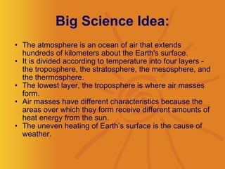Big Science Idea: The atmosphere is an ocean of air that extends hundreds of kilometers about the Earth's surface.   It is divided according to temperature into four layers - the troposphere, the stratosphere, the mesosphere, and the thermosphere.   The lowest layer, the troposphere is where air masses form.   Air masses have different characteristics because the areas over which they form receive different amounts of heat energy from the sun.  The uneven heating of Earth’s surface is the cause of weather. 