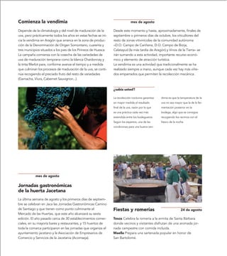 Comienza la vendimia                                                            mes de agosto

Depende de la climatología y del nivel de maduración de la       Desde este momento y hasta, aproximadamente, finales de
uva, pero prácticamente todos los años en estas fechas se ini-   septiembre o primeros días de octubre, los viticultores del
cia la vendimia en Aragón que arranca en la zona de produc-      resto de zonas vitivinícolas de la comunidad autónoma
ción de la Denominación de Origen Somontano, cuarenta y          –D.O. Campo de Cariñena, D.O. Campo de Borja,
tres municipios situados a los pies de los Pirineos de Huesca.   Calatayud (la más tardía de Aragón) y Vinos de la Tierra– se
La campaña comienza con la cosecha de las variedades de          irán sumando a esta actividad, importante recurso econó-
uva de maduración temprana como la blanca Chardonnay y           mico y elemento de atracción turística.
la tinta Merlot para, conforme avanza el tiempo y a medida       La vendimia es una actividad que tradicionalmente se ha
que culminan los procesos de maduración de la uva, se conti-     realizado siempre a mano, aunque cada vez hay más viñe-
núa recogiendo el preciado fruto del resto de variedades         dos emparrados que permiten la recolección mecánica.
(Garnacha, Viura, Cabernet Sauvignon...).


                                                                 ¿sabía usted?

                                                                 La recolección nocturna garantiza   dimia es que la temperatura de la
                                                                 en mayor medida el resultado        uva no sea mayor que la de la fer-
                                                                 final de la uva, razón por la que   mentación posterior en la
                                                                 es una práctica cada vez más        bodega, algo que se consigue
                                                                 extendida entre los bodegueros.     recogiendo los racimos con el
                                                                 Según los expertos, una de las      fresco de la noche.
                                                                 condiciones para una buena ven-




            mes de agosto

Jornadas gastronómicas
de la huerta Jacetana
La última semana de agosto y los primeros días de septiem-
bre se celebran en Jaca las Jornadas Gastronómicas Camino
de Santiago y que tienen como punto culminante el                Fiestas y romerías                                  24 de agosto
Mercado de las Huertas, que este año alcanzará su sexta
edición. El año pasado cerca de 30 establecimientos comer-       Tosos Celebra la romería a la ermita de Santa Bárbara
ciales, en su mayoría bares y restaurantes, y 15 huertos de      donde vecinos y visitantes disfrutan de una animada jor-
toda la comarca participaron en las jornadas que organiza el     nada campestre con comida incluida.
ayuntamiento jacetano y la Asociación de Empresarios de          Maella Prepara una sartenada popular en honor de
Comercio y Servicios de la Jacetania (Acomseja).                 San Bartolomé.
 