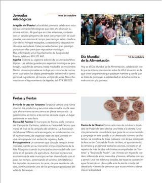 Jornadas                                   mes de octubre
micológicas
Aragüés del Puerto La localidad pirenaica celebra en octu-
bre sus Jornadas Micologicas que este año alcanzan su
octava edición. Al igual que en citas anteriores, contarán
con un variado programa de actos con proyección de audi-
visuales, excursiones al campo para recoger setas, clasifica-
ción de los hongos recogidos, y exposición y degustación
de estos ejemplares. Estas jornadas tienen gran prestigio
porque en ellas participan reputados micólogos.
Más información en el Ayuntamiento de Aragüés del
Puerto, teléfono 974 371 447.                                   Día Mundial                                    16 de octubre
Ayerbe Celebra su vigésima edición de las Jornadas Mico-        de la Alimentación
lógicas. Las salidas guiadas por expertos micólogos se pro-
longan, cada fin de semana, hasta mediados de noviembre.        Hoy es el Día Mundial de la Alimentación, celebración con
Dentro de estas jornadas se incluye un concurso de cocina       la que se intenta concienciar sobre la difícil situación en la
en el que todos los platos presentados deben incluir como       que viven las personas que padecen hambre y con la que
principal ingrediente, al menos, un tipo de setas. Más infor-   se trata de promover la solidaridad en la lucha contra la
mación en el Ayuntamiento de Ayerbe, tel. 974 380 025.          malnutrición y la pobreza.




Ferias y fiestas
Feria de la caza en Tarazona Tarazona celebra una nueva
cita con los productos y servicios relacionados con la caza
que ahora mismo se encuentra en plena temporada. La
gastronomía en torno a las carnes de caza ocupa un lugar
preferente en esta feria.
Fiesta del Farcino El municipio de Paniza, en la comarca
del Campo de Cariñena, celebra su Fiesta del Farcino que        Fiesta de la Chireta Como cada mes de octubre la locali-
marca el final de la campaña de vendimia. La Asociación         dad de Pozán de Vero dedica una fiesta a la chireta. Una
de Mujeres El Muro es la encargada, en colaboración con         cita plenamente consolidada que goza de un enorme éxito
el ayuntamiento, de organizar esta cita que consiste en         y congrega en este pueblo a un destacado número de visi-
una cena popular con sorteo de regalos y baile.                 tantes. La iniciativa de Casa Calasanz, con la que colaboran
Feria ganadera Un certamen que data de tiempos inme-            la Asociación Cultural de Pozán de Vero, el ayuntamiento,
moriales, siendo en su momento el más importante de la          la comarca y en general todos los vecinos, consiste en el
Alta Ribagorza cuando la principal economía del valle con-      reparto de más de dos mil chiretas acompañadas de “tor-
sistía en el ganado y la agricultura. Aunque los recursos       tetas” y “brujitas de Pozán”. Las chiretas son tripas de cor-
económicos de este municipio se han diversificado con el        dero rellenas de arroz, menudos y livianos, aliñadas con ajo
paso del tiempo, potenciando el turismo, la hostelería y        y perejil. Una vez rellenas y cosidas, las tripas se cuecen en
los deportes de aventura, la carne, de una excelente cali-      agua hirviendo en plena calle ante la atenta mirada del
dad, continúa siendo uno de los principales productos del       destacado número de personas que acostumbran a darse
valle de Benasque.                                              cita en la localidad.
 