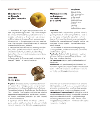 mes de octubre                                                 receta                            Ingredientes
                                                                                                 para 4 personas
                                                                                                 4 manitas de cerdo
El melocotón                                                   Manitas de cerdo                  100 gr de panceta fresca
de Calanda                                                     deshuesadas                       100 gr de foie gras
                                                                                                 50 gr de piñones
en plena campaña                                               con melocotones                   50 gr de pasas
                                                               de Calanda                        Pimienta molida, sal
                                                                                                 Redaños de cerdo
                                                                                                 1 cebolla
                                                                                                 1 zanahoria
                                                                                                 1 hoja de laurel
                                                                                                 4 melocotones de Calanda
La Denominación de Origen “Melocotón de Calanda” ini-          Elaboración
cia la campaña de recogida en las 2.500 hectáreas ampara-      Limpiar las manitas y si es necesario quemarlas para que
das por esta denominación cuya producción ronda las 15         queden perfectas. A continuación ponerles sal y cocer en
toneladas por hectárea. La denominación está extendida         una olla express con la cebolla, la zanahoria y el laurel
en 44 municipios de Zaragoza y Teruel, aunque en esta          durante 45 minutos. Cuando estén en su punto sacarlas y
última provincia es donde se concentra la mayor superficie     dejarlas enfriar para deshuesarlas. Trocearlas, añadir el foie-
(unas 2.000 hectáreas) cultivada, buena parte en los munici-   gras, pasas, piñones tostados y panceta frita cortadita.
pios de Calanda, Alcañiz y Mazaleón.                           Rectificar de sal.
El cultivo de este melocotón de color amarillo y caracteri-    Colocar la mezcla en moldes individuales pequeños y,
zado por sus grandes dimensiones se extiende por los           cuando ya esté fría, envolver en los redaños y hornearlos
valles de los ríos Martín, Guadalope, Guadalopillo y           para fundir bien la grasa.
Matarraña, y en los términos de poblaciones como Caspe,        Para la salsa: Reducir el caldo de la cocción y añadir un
Escatrón o Chiprana.                                           sofrito de charlotas, vinagre de Módena, Oporto y miel.
La Denominación de Origen ampara la producción de la           Dejar cocer todo junto ligándolo.
variedad “Calanda”, un melocotón amarillo.                     Los melocotones: Partirlos por la mitad y saltearlos con
                                                               mantequilla.
                                                               Presentación: Para presentar este plato pondremos las
                                                               manitas en un plato colocando encima los melocotones sal-
                                                               teados y cubriendo todo con la salsa. Decorar el conjunto
                                                               con hierbas aromáticas y polvo de especies.



Jornadas
micológicas
Prepirineo Desde estas fechas y hasta finales de noviem-       lares en las que se dan a conocer las claves de la recolec-
bre la cultura de la micología volverá a estar presente en     ción. Exposiciones, conferencias, un concurso micológico y
las localidades cincovillesas de Bagüés, Isuerre, Pintanos,    actividades para los escolares completan las propuestas
Fuencalderas, Lobera de Onsella, Longás, Biel, Sos, Luesia,    para profundizar en el conocimiento de estos hongos.
Orés y Uncastillo. Estas jornadas micológicas que organizan    Parque Natural Posets-Maladeta Actividades en torno al
los ayuntamientos prepirenaicos, asociaciones y empresa-       mundo de las setas en un marco incomparable como es el
rios privados, coordinadas por Adefo Cinco Villas, cumplen     Parque Natural Posets-Maladeta. El programa incluye
su decimocuarta edición.                                       desde fotografía de setas hasta salidas al monte para la
El respeto y el contacto directo con el medio rural en el      recogida de setas, clasificación e información sobre las mis-
que se enclavan los diferentes tipos de setas están en todo    mas y cocina micológica.
momento presentes en las diferentes rutas y salidas popu-
 