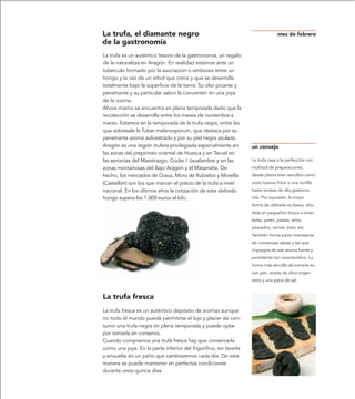 La trufa, el diamante negro                                                      mes de febrero
de la gastronomía
La trufa es un auténtico tesoro de la gastronomía, un regalo
de la naturaleza en Aragón. En realidad estamos ante un
tubérculo formado por la asociación o simbiosis entre un
hongo y la raíz de un árbol que crece y que se desarrolla
totalmente bajo la superficie de la tierra. Su olor picante y
penetrante y su particular sabor la convierten en una joya
de la cocina.
Ahora mismo se encuentra en plena temporada dado que la
recolección se desarrolla entre los meses de noviembre a
marzo. Estamos en la temporada de la trufa negra, entre las
que sobresale la Tuber melanosporum, que destaca por su
penetrante aroma asilvestrado y por su piel negra azulada.
Aragón es una región trufera privilegiada especialmente en         un consejo
las zonas del prepirineo oriental de Huesca y en Teruel en
las serranías del Maestrazgo, Gúdar / Javalambre y en las          La trufa casa a la perfección con
zonas montañosas del Bajo Aragón y el Matarraña. De                multitud de preparaciones,
hecho, los mercados de Graus, Mora de Rubielos y Morella           desde platos bien sencillos como
(Castellón) son los que marcan el precio de la trufa a nivel       unos huevos fritos o una tortilla
nacional. En los últimos años la cotización de este alabado        hasta recetas de alta gastrono-
hongo supera los 1.000 euros el kilo.                              mía. Por supuesto, la mejor
                                                                   forma de utilizarla es fresca, aña-
                                                                   dida en pequeños trozos a ensa-
                                                                   ladas, patés, pastas, arroz,
                                                                   pescados, carnes, aves, etc.
                                                                   También forma parte interesante
                                                                   de numerosas salsas a las que
                                                                   impregna de ese aroma fuerte y
                                                                   persistente tan característico. La
                                                                   forma más sencilla de tomarla es
                                                                   con pan, aceite de oliva virgen
                                                                   extra y una pizca de sal.


La trufa fresca
La trufa fresca es un auténtico depósito de aromas aunque
no todo el mundo puede permitirse el lujo y placer de con-
sumir una trufa negra en plena temporada y puede optar
por tomarla en conserva.
Cuando compramos una trufa fresca hay que conservarla
como una joya. En la parte inferior del frigorífico, sin lavarla
y envuelta en un paño que cambiaremos cada día. De esta
manera se puede mantener en perfectas condiciones
durante unos quince días.
 