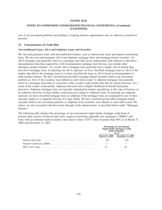 size of our investment portfolio and limiting or forgoing business opportunities that we otherwise would have
pursued.
15. Concentrations of Credit Risk
Non-traditional Loans; Alt-A and Subprime Loans and Securities
We own and guarantee loans with non-traditional features, such as interest-only loans and negative-amortizing
loans. We also own and guarantee Alt-A and subprime mortgage loans and mortgage-related securities. An
Alt-A mortgage loan generally refers to a mortgage loan that can be underwritten with reduced or alternative
documentation than that required for a full documentation mortgage loan but may also include other
alternative product features. As a result, Alt-A mortgage loans generally have a higher risk of default than
non-Alt-A mortgage loans. In reporting our Alt-A exposure, we have classified mortgage loans as Alt-A if the
lenders that deliver the mortgage loans to us have classified the loans as Alt-A based on documentation or
other product features. We have classified private-label mortgage-related securities held in our investment
portfolio as Alt-A if the securities were labeled as such when issued. A subprime mortgage loan generally
refers to a mortgage loan made to a borrower with a weaker credit profile than that of a prime borrower. As a
result of the weaker credit profile, subprime borrowers have a higher likelihood of default than prime
borrowers. Subprime mortgage loans are typically originated by lenders specializing in this type of business or
by subprime divisions of large lenders, using processes unique to subprime loans. In reporting our subprime
exposure, we have classified mortgage loans as subprime if the mortgage loans are originated by one of these
specialty lenders or a subprime division of a large lender. We have classified private-label mortgage-related
securities held in our investment portfolio as subprime if the securities were labeled as such when issued. We
reduce our risk associated with these loans through credit enhancements, as described below under “Mortgage
Insurers.”
The following table displays the percentage of our conventional single-family mortgage credit book of
business that consists of interest-only loans, negative-amortizing adjustable rate mortgages (“ARMs”) and
loans with an estimated mark-to-market value loan to value (“LTV”) ratio of greater than 80% as of March 31,
2008 and December 31, 2007.
March 31, 2008 December 31, 2007
Percentage of Conventional
Single-Family Mortgage Credit
Book of Business
As of
Interest-only loans . . . . . . . . . . . . . . . . . . . . . . . . . . . . . . . . . . . . . . . . 8% 8%
Negative-amortizing ARMs. . . . . . . . . . . . . . . . . . . . . . . . . . . . . . . . . . 1 1
80%+ LTV loans . . . . . . . . . . . . . . . . . . . . . . . . . . . . . . . . . . . . . . . . . 21 20
105
FANNIE MAE
NOTES TO CONDENSED CONSOLIDATED FINANCIAL STATEMENTS—(Continued)
(UNAUDITED)
 