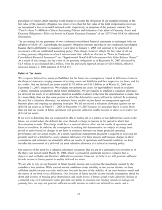participant of similar credit standing would require to assume the obligation. If our modeled estimate of the
fair value of the guaranty obligation was more or less than the fair value of the total compensation received,
we recognized a loss or recorded deferred profit, respectively, at inception of the guaranty contract. See
“Part II—Item 7—MD&A—Critical Accounting Policies and Estimates—Fair Value of Guaranty Assets and
Guaranty Obligations—Effect on Losses on Certain Guaranty Contracts” of our 2007 Form 10-K for additional
information.
The accounting for our guarantees in our condensed consolidated financial statements is unchanged with our
adoption of SFAS 157. Accordingly, the guaranty obligation amounts recorded in our condensed consolidated
balance sheets attributable to guarantees issued prior to January 1, 2008 will continue to be amortized in
accordance with our established accounting policy. This change, however, affects the fair value of all our
existing guaranty obligations as of each measurement date, which we disclose in “Notes to Condensed
Consolidated Financial Statements” and “Supplemental Non-GAAP Information—Fair Value Balance Sheets.”
As a result of this change, the fair value of our guaranty obligations as of December 31, 2007 decreased by
$2.3 billion, to an estimated $18.2 billion, from the previously reported amount of $20.5 billion, effective
upon our January 1, 2008 adoption of SFAS 157.
Deferred Tax Assets
We recognize deferred tax assets and liabilities for the future tax consequences related to differences between
the financial statement carrying amounts of existing assets and liabilities and their respective tax bases, and for
tax credits. Our net deferred tax assets totaled $17.8 billion and $13.0 billion as of March 31, 2008 and
December 31, 2007, respectively. We evaluate our deferred tax assets for recoverability based on available
evidence, including assumptions about future profitability. We are required to establish a valuation allowance
for deferred tax assets if we determine, based on available evidence at the time the determination is made, that
it is more likely than not that some portion or all of the deferred tax assets will not be realized. In evaluating
the need for a valuation allowance, we estimate future taxable income based on management approved
business plans and ongoing tax planning strategies. We did not record a valuation allowance against our net
deferred tax assets as of March 31, 2008 or December 31, 2007 because we anticipate that it is more likely
than not that our results of future operations will generate sufficient taxable income to allow us to realize our
deferred tax assets.
If we were to determine that we would not be able to realize all or a portion of our deferred tax assets in the
future, we would reduce the deferred tax asset through a charge to income in the period in which that
determination is made. This charge could have a material adverse affect on our results of operations and
financial condition. In addition, the assumptions in making this determination are subject to change from
period to period based on changes in tax laws or variances between our future projected operating
performance and our actual results. As a result, significant management judgment is required in assessing the
possible need for a deferred tax asset valuation allowance. For these reasons and because changes in these
assumptions and estimates can materially affect our results of operations and financial condition, we have
included the assessment of a deferred tax asset valuation allowance as a critical accounting policy.
Our analysis of the need for a valuation allowance recognizes that we are in a cumulative loss position as of
the three-year period ended March 31, 2008, which is considered significant negative evidence that is
objective and verifiable and therefore, difficult to overcome. However, we believe we will generate sufficient
taxable income in future periods to realize deferred tax assets.
We are able to rely on our forecasts of future taxable income and overcome the uncertainty created by the
cumulative loss position. While current market conditions create volatility in our pre-tax income, we have
sufficient taxable income currently and in our forecasts because of the stability of our core business model and
the nature of our book to tax differences. Our forecasts of future taxable income include assumptions about the
depth and severity of housing price depreciation and credit losses; if future actual results adversely deviate in
a material way, or if unforeseen events preclude our ability to maintain our funding spreads or manage our
guaranty fees, we may not generate sufficient taxable income to realize our deferred tax assets, and a
15
 