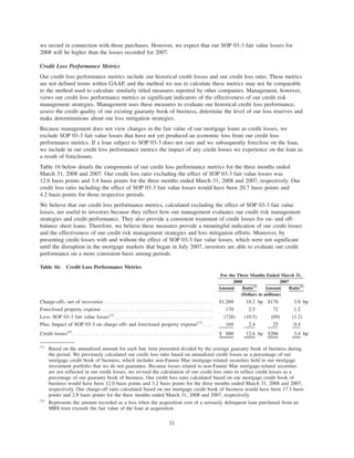 we record in connection with those purchases. However, we expect that our SOP 03-3 fair value losses for
2008 will be higher than the losses recorded for 2007.
Credit Loss Performance Metrics
Our credit loss performance metrics include our historical credit losses and our credit loss ratio. These metrics
are not defined terms within GAAP, and the method we use to calculate these metrics may not be comparable
to the method used to calculate similarly titled measures reported by other companies. Management, however,
views our credit loss performance metrics as significant indicators of the effectiveness of our credit risk
management strategies. Management uses these measures to evaluate our historical credit loss performance,
assess the credit quality of our existing guaranty book of business, determine the level of our loss reserves and
make determinations about our loss mitigation strategies.
Because management does not view changes in the fair value of our mortgage loans as credit losses, we
exclude SOP 03-3 fair value losses that have not yet produced an economic loss from our credit loss
performance metrics. If a loan subject to SOP 03-3 does not cure and we subsequently foreclose on the loan,
we include in our credit loss performance metrics the impact of any credit losses we experience on the loan as
a result of foreclosure.
Table 16 below details the components of our credit loss performance metrics for the three months ended
March 31, 2008 and 2007. Our credit loss ratio excluding the effect of SOP 03-3 fair value losses was
12.6 basis points and 3.4 basis points for the three months ended March 31, 2008 and 2007, respectively. Our
credit loss ratio including the effect of SOP 03-3 fair value losses would have been 20.7 basis points and
4.2 basis points for those respective periods.
We believe that our credit loss performance metrics, calculated excluding the effect of SOP 03-3 fair value
losses, are useful to investors because they reflect how our management evaluates our credit risk management
strategies and credit performance. They also provide a consistent treatment of credit losses for on- and off-
balance sheet loans. Therefore, we believe these measures provide a meaningful indication of our credit losses
and the effectiveness of our credit risk management strategies and loss mitigation efforts. Moreover, by
presenting credit losses with and without the effect of SOP 03-3 fair value losses, which were not significant
until the disruption in the mortgage markets that began in July 2007, investors are able to evaluate our credit
performance on a more consistent basis among periods.
Table 16: Credit Loss Performance Metrics
Amount Ratio(1)
Amount Ratio(1)
2008 2007
For the Three Months Ended March 31,
(Dollars in millions)
Charge-offs, net of recoveries . . . . . . . . . . . . . . . . . . . . . . . . . . . . . . . . . . . . $1,269 18.2 bp $178 3.0 bp
Foreclosed property expense . . . . . . . . . . . . . . . . . . . . . . . . . . . . . . . . . . . . . 170 2.5 72 1.2
Less: SOP 03-3 fair value losses(2)
. . . . . . . . . . . . . . . . . . . . . . . . . . . . . . . . . (728) (10.5) (69) (1.2)
Plus: Impact of SOP 03-3 on charge-offs and foreclosed property expense(3)
. . . . 169 2.4 25 0.4
Credit losses(4)
. . . . . . . . . . . . . . . . . . . . . . . . . . . . . . . . . . . . . . . . . . . . . . . $ 880 12.6 bp $206 3.4 bp
(1)
Based on the annualized amount for each line item presented divided by the average guaranty book of business during
the period. We previously calculated our credit loss ratio based on annualized credit losses as a percentage of our
mortgage credit book of business, which includes non-Fannie Mae mortgage-related securities held in our mortgage
investment portfolio that we do not guarantee. Because losses related to non-Fannie Mae mortgage-related securities
are not reflected in our credit losses, we revised the calculation of our credit loss ratio to reflect credit losses as a
percentage of our guaranty book of business. Our credit loss ratio calculated based on our mortgage credit book of
business would have been 12.0 basis points and 3.2 basis points for the three months ended March 31, 2008 and 2007,
respectively. Our charge-off ratio calculated based on our mortgage credit book of business would have been 17.3 basis
points and 2.8 basis points for the three months ended March 31, 2008 and 2007, respectively.
(2)
Represents the amount recorded as a loss when the acquisition cost of a seriously delinquent loan purchased from an
MBS trust exceeds the fair value of the loan at acquisition.
31
 