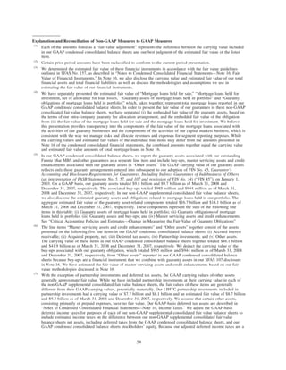 Explanation and Reconciliation of Non-GAAP Measures to GAAP Measures
(1)
Each of the amounts listed as a “fair value adjustment” represents the difference between the carrying value included
in our GAAP condensed consolidated balance sheets and our best judgment of the estimated fair value of the listed
item.
(2)
Certain prior period amounts have been reclassified to conform to the current period presentation.
(3)
We determined the estimated fair value of these financial instruments in accordance with the fair value guidelines
outlined in SFAS No. 157, as described in “Notes to Condensed Consolidated Financial Statements—Note 16, Fair
Value of Financial Instruments.” In Note 16, we also disclose the carrying value and estimated fair value of our total
financial assets and total financial liabilities as well as discuss the methodologies and assumptions we use in
estimating the fair value of our financial instruments.
(4)
We have separately presented the estimated fair value of “Mortgage loans held for sale,” “Mortgage loans held for
investment, net of allowance for loan losses,” “Guaranty assets of mortgage loans held in portfolio” and “Guaranty
obligations of mortgage loans held in portfolio,” which, taken together, represent total mortgage loans reported in our
GAAP condensed consolidated balance sheets. In order to present the fair value of our guarantees in these non-GAAP
consolidated fair value balance sheets, we have separated (i) the embedded fair value of the guaranty assets, based on
the terms of our intra-company guaranty fee allocation arrangement, and the embedded fair value of the obligation
from (ii) the fair value of the mortgage loans held for sale and the mortgage loans held for investment. We believe
this presentation provides transparency into the components of the fair value of the mortgage loans associated with
the activities of our guaranty businesses and the components of the activities of our capital markets business, which is
consistent with the way we manage risks and allocate revenues and expenses for segment reporting purposes. While
the carrying values and estimated fair values of the individual line items may differ from the amounts presented in
Note 16 of the condensed consolidated financial statements, the combined amounts together equal the carrying value
and estimated fair value amounts of total mortgage loans in Note 16.
(5)
In our GAAP condensed consolidated balance sheets, we report the guaranty assets associated with our outstanding
Fannie Mae MBS and other guarantees as a separate line item and include buy-ups, master servicing assets and credit
enhancements associated with our guaranty assets in “Other assets.” The GAAP carrying value of our guaranty assets
reflects only those guaranty arrangements entered into subsequent to our adoption of FIN No. 45, Guarantor’s
Accounting and Disclosure Requirements for Guarantees, Including Indirect Guarantees of Indebtedness of Others
(an interpretation of FASB Statements No. 5, 57, and 107 and rescission of FIN No. 34) (“FIN 45”), on January 1,
2003. On a GAAP basis, our guaranty assets totaled $9.8 billion and $9.7 billion as of March 31, 2008 and
December 31, 2007, respectively. The associated buy-ups totaled $985 million and $944 million as of March 31,
2008 and December 31, 2007, respectively. In our non-GAAP supplemental consolidated fair value balance sheets,
we also disclose the estimated guaranty assets and obligations related to mortgage loans held in our portfolio. The
aggregate estimated fair value of the guaranty asset-related components totaled $16.7 billion and $18.1 billion as of
March 31, 2008 and December 31, 2007, respectively. These components represent the sum of the following line
items in this table: (i) Guaranty assets of mortgage loans held in portfolio; (ii) Guaranty obligations of mortgage
loans held in portfolio, (iii) Guaranty assets and buy-ups; and (iv) Master servicing assets and credit enhancements.
See “Critical Accounting Policies and Estimates—Change in Measuring the Fair Value of Guaranty Obligations”
(6)
The line items “Master servicing assets and credit enhancements” and “Other assets” together consist of the assets
presented on the following five line items in our GAAP condensed consolidated balance sheets: (i) Accrued interest
receivable; (ii) Acquired property, net; (iii) Deferred tax assets; (iv) Partnership investments; and (v) Other assets.
The carrying value of these items in our GAAP condensed consolidated balance sheets together totaled $48.1 billion
and $41.9 billion as of March 31, 2008 and December 31, 2007, respectively. We deduct the carrying value of the
buy-ups associated with our guaranty obligation, which totaled $985 million and $944 million as of March 31, 2008
and December 31, 2007, respectively, from “Other assets” reported in our GAAP condensed consolidated balance
sheets because buy-ups are a financial instrument that we combine with guaranty assets in our SFAS 107 disclosure
in Note 16. We have estimated the fair value of master servicing assets and credit enhancements based on our fair
value methodologies discussed in Note 16.
(7)
With the exception of partnership investments and deferred tax assets, the GAAP carrying values of other assets
generally approximate fair value. While we have included partnership investments at their carrying value in each of
the non-GAAP supplemental consolidated fair value balance sheets, the fair values of these items are generally
different from their GAAP carrying values, potentially materially. Our LIHTC partnership investments included in
partnership investments had a carrying value of $7.7 billion and $8.1 billion and an estimated fair value of $8.7 billion
and $9.3 billion as of March 31, 2008 and December 31, 2007, respectively. We assume that certain other assets,
consisting primarily of prepaid expenses, have no fair value. Our GAAP-basis deferred tax assets are described in
“Notes to Condensed Consolidated Financial Statements—Note 10, Income Taxes.” We adjust the GAAP-basis
deferred income taxes for purposes of each of our non-GAAP supplemental consolidated fair value balance sheets to
include estimated income taxes on the difference between our non-GAAP supplemental consolidated fair value
balance sheets net assets, including deferred taxes from the GAAP condensed consolidated balance sheets, and our
GAAP condensed consolidated balance sheets stockholders’ equity. Because our adjusted deferred income taxes are a
54
 