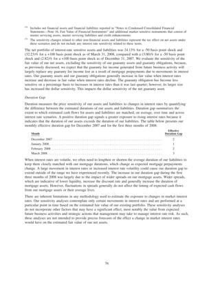 (4)
Includes net financial assets and financial liabilities reported in “Notes to Condensed Consolidated Financial
Statements—Note 16, Fair Value of Financial Instruments” and additional market sensitive instruments that consist of
master servicing assets, master servicing liabilities and credit enhancements.
(5)
The sensitivity changes related to other non-financial assets and liabilities represent the tax effect on net assets under
these scenarios and do not include any interest rate sensitivity related to these items.
The net portfolio of interest-rate sensitive assets and liabilities was 24.13% for a -50 basis point shock and
(32.23)% for a +100 basis point shock as of March 31, 2008, compared with a (3.00)% for a -50 basis point
shock and (2.82)% for a +100 basis point shock as of December 31, 2007. We evaluate the sensitivity of the
fair value of our net assets, excluding the sensitivity of our guaranty assets and guaranty obligations, because,
as previously discussed, we expect that the guaranty fee income generated from future business activity will
largely replace any guaranty fee income lost as a result of mortgage prepayments due to movements in interest
rates. Our guaranty assets and our guaranty obligations generally increase in fair value when interest rates
increase and decrease in fair value when interest rates decline. The guaranty obligation has become less
sensitive on a percentage basis to increases in interest rates than it was last quarter; however, its larger size
has increased the dollar sensitivity. This impacts the dollar sensitivity of the net guaranty asset.
Duration Gap
Duration measures the price sensitivity of our assets and liabilities to changes in interest rates by quantifying
the difference between the estimated durations of our assets and liabilities. Duration gap summarizes the
extent to which estimated cash flows for assets and liabilities are matched, on average, over time and across
interest rate scenarios. A positive duration gap signals a greater exposure to rising interest rates because it
indicates that the duration of our assets exceeds the duration of our liabilities. The table below presents our
monthly effective duration gap for December 2007 and for the first three months of 2008.
Month
Effective
Duration Gap
December 2007 . . . . . . . . . . . . . . . . . . . . . . . . . . . . . . . . . . . . . . . . . . . . . . . . . . . . . . . . . . 2
January 2008 . . . . . . . . . . . . . . . . . . . . . . . . . . . . . . . . . . . . . . . . . . . . . . . . . . . . . . . . . . . . 1
February 2008 . . . . . . . . . . . . . . . . . . . . . . . . . . . . . . . . . . . . . . . . . . . . . . . . . . . . . . . . . . . 2
March 2008. . . . . . . . . . . . . . . . . . . . . . . . . . . . . . . . . . . . . . . . . . . . . . . . . . . . . . . . . . . . . 3
When interest rates are volatile, we often need to lengthen or shorten the average duration of our liabilities to
keep them closely matched with our mortgage durations, which change as expected mortgage prepayments
change. A large movement in interest rates or increased interest rate volatility could cause our duration gap to
extend outside of the range we have experienced recently. The increase in our duration gap during the first
three months of 2008 was largely due to the impact of wider spreads on our mortgage assets. Wider spreads,
which are indicative of lower liquidity, increase the discount rate and generally increase the duration of
mortgage assets. However, fluctuations in spreads generally do not affect the timing of expected cash flows
from our mortgage assets or their average lives.
There are inherent limitations in any methodology used to estimate the exposure to changes in market interest
rates. Our sensitivity analyses contemplate only certain movements in interest rates and are performed at a
particular point in time based on the estimated fair value of our existing portfolio. These sensitivity analyses
do not incorporate other factors that may have a significant effect, most notably the value from expected
future business activities and strategic actions that management may take to manage interest rate risk. As such,
these analyses are not intended to provide precise forecasts of the effect a change in market interest rates
would have on the estimated fair value of our net assets.
76
 