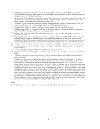 (6)
Unpaid principal balance of mortgage loans and mortgage-related securities we purchased for our investment
portfolio during the reporting period. Includes advances to lenders, mortgage-related securities acquired through the
extinguishment of debt and capitalized interest.
(7)
The sum of (a) the stated value of outstanding common stock (common stock less treasury stock); (b) the stated value
of outstanding non-cumulative perpetual preferred stock; (c) paid-in capital; and (d) our retained earnings. Core
capital excludes accumulated other comprehensive income (loss).
(8)
The sum of (a) core capital and (b) the total allowance for loan losses and reserve for guaranty losses, less (c) the
specific loss allowance (that is, the allowance required on individually impaired loans).
(9)
Unpaid principal balance of mortgage loans and mortgage-related securities held in our portfolio.
(10)
Unpaid principal balance of Fannie Mae MBS held by third-party investors. The principal balance of resecuritized
Fannie Mae MBS is included only once in the reported amount.
(11)
Includes single-family and multifamily credit enhancements that we have provided and that are not otherwise
reflected in the table.
(12)
Unpaid principal balance of: mortgage loans held in our mortgage portfolio; Fannie Mae MBS (whether held in our
mortgage portfolio or held by third parties); and other credit enhancements that we provide on mortgage assets.
Excludes non-Fannie Mae mortgage-related securities held in our investment portfolio for which we do not provide a
guaranty. The principal balance of resecuritized Fannie Mae MBS is included only once in the reported amount.
(13)
Annualized net income (loss) available to common stockholders divided by average total assets during the period.
(14)
Annualized net income (loss) available to common stockholders divided by average outstanding common equity
during the period.
(15)
Average stockholders’ equity divided by average total assets during the period.
(16)
Common dividends declared during the period divided by net income (loss) available to common stockholders for the
period.
(17)
Annualized guaranty fee income as a percentage of average outstanding Fannie Mae MBS and other guarantees
during the period.
(18)
Annualized (a) charge-offs, net of recoveries and (b) foreclosed property expense, as a percentage of the average
guaranty book of business during the period. We exclude from our credit loss ratio any initial losses recorded on
delinquent loans purchased from MBS trusts pursuant to Statement of Position No. 03-3, Accounting for Certain
Loans or Debt Securities Acquired in a Transfer (“SOP 03-3”), when the purchase price of seriously delinquent loans
that we purchase from Fannie Mae MBS trusts exceeds the fair value of the loans at the time of purchase. Our credit
loss ratio including the effect of these initial losses recorded pursuant to SOP 03-3 would have been 20.7 basis points
and 4.2 basis points for the three months ended March 31, 2008 and 2007, respectively. We previously calculated our
credit loss ratio based on credit losses as a percentage of our mortgage credit book of business, which includes non-
Fannie Mae mortgage-related securities held in our mortgage investment portfolio that we do not guarantee. Because
losses related to non-Fannie Mae mortgage-related securities are not reflected in our credit losses, we revised the
calculation of our credit loss ratio to reflect credit losses as a percentage of our guaranty book of business. Our credit
loss ratio calculated based on our mortgage credit book of business would have been 12.0 basis points and 3.2 basis
points for the three months ended March 31, 2008 and 2007, respectively.
Note:
* Average balances for purposes of the ratio calculations are based on beginning and end of period balances.
4
 