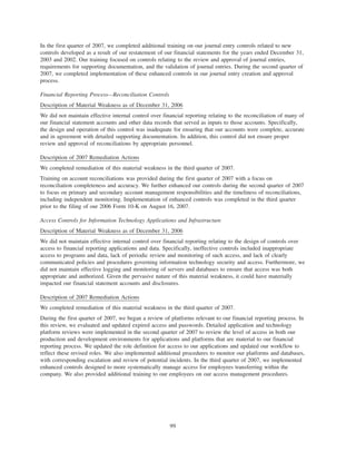 In the first quarter of 2007, we completed additional training on our journal entry controls related to new
controls developed as a result of our restatement of our financial statements for the years ended December 31,
2003 and 2002. Our training focused on controls relating to the review and approval of journal entries,
requirements for supporting documentation, and the validation of journal entries. During the second quarter of
2007, we completed implementation of these enhanced controls in our journal entry creation and approval
process.
Financial Reporting Process—Reconciliation Controls
Description of Material Weakness as of December 31, 2006
We did not maintain effective internal control over financial reporting relating to the reconciliation of many of
our financial statement accounts and other data records that served as inputs to those accounts. Specifically,
the design and operation of this control was inadequate for ensuring that our accounts were complete, accurate
and in agreement with detailed supporting documentation. In addition, this control did not ensure proper
review and approval of reconciliations by appropriate personnel.
Description of 2007 Remediation Actions
We completed remediation of this material weakness in the third quarter of 2007.
Training on account reconciliations was provided during the first quarter of 2007 with a focus on
reconciliation completeness and accuracy. We further enhanced our controls during the second quarter of 2007
to focus on primary and secondary account management responsibilities and the timeliness of reconciliations,
including independent monitoring. Implementation of enhanced controls was completed in the third quarter
prior to the filing of our 2006 Form 10-K on August 16, 2007.
Access Controls for Information Technology Applications and Infrastructure
Description of Material Weakness as of December 31, 2006
We did not maintain effective internal control over financial reporting relating to the design of controls over
access to financial reporting applications and data. Specifically, ineffective controls included inappropriate
access to programs and data, lack of periodic review and monitoring of such access, and lack of clearly
communicated policies and procedures governing information technology security and access. Furthermore, we
did not maintain effective logging and monitoring of servers and databases to ensure that access was both
appropriate and authorized. Given the pervasive nature of this material weakness, it could have materially
impacted our financial statement accounts and disclosures.
Description of 2007 Remediation Actions
We completed remediation of this material weakness in the third quarter of 2007.
During the first quarter of 2007, we began a review of platforms relevant to our financial reporting process. In
this review, we evaluated and updated expired access and passwords. Detailed application and technology
platform reviews were implemented in the second quarter of 2007 to review the level of access in both our
production and development environments for applications and platforms that are material to our financial
reporting process. We updated the role definition for access to our applications and updated our workflow to
reflect these revised roles. We also implemented additional procedures to monitor our platforms and databases,
with corresponding escalation and review of potential incidents. In the third quarter of 2007, we implemented
enhanced controls designed to more systematically manage access for employees transferring within the
company. We also provided additional training to our employees on our access management procedures.
99
 