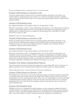 Pricing and Independent Price Verification Processes—Pricing Controls
Description of Material Weakness as of December 31, 2006
We did not maintain effective internal control over financial reporting with respect to the design of our
controls related to our pricing processes for securities. As a result, our accounting conclusions, including
certain conclusions related to the fair value of our securities and unrealized gains and losses, could have been
materially affected.
Description of 2007 Remediation Actions
We completed remediation of this material weakness in the third quarter of 2007.
During the second quarter of 2007, we began implementing improvements to our control processes for pricing
securities, which included supervisory review over data inputs, model outputs and computational accuracy.
Implementation of enhanced controls was completed in the third quarter prior to the filing of our 2006
Form 10-K on August 16, 2007.
Multifamily Lender Loss Sharing Modifications
Description of Material Weakness as of December 31, 2006
We did not maintain effective internal control over financial reporting with respect to the design of our
controls related to maintaining and recording accurate multifamily lender loss sharing information in our
information systems. As a result, our accounting conclusions, including certain conclusions related to
consolidation, could have been materially affected.
Description of 2007 Remediation Actions
We completed remediation of this material weakness in the third quarter of 2007.
During the second quarter of 2007, we implemented data reviews of the lender loss sharing data in our
information systems. In the third quarter of 2007, we completed our implementation of monthly validation
controls that provide verification of recourse data associated with multifamily loans and deals with product
characteristics and lender agreements. Further, we redesigned our controls for monitoring changes to
contractual arrangements, and updating and validating such changes in our systems.
Remediation Actions Relating to Remaining Material Weaknesses
The discussion below describes the actions that management has taken during 2007 and is in the process of
taking to remediate our two remaining material weaknesses in internal control over financial reporting.
Financial Reporting Process—Financial Statement Preparation and Reporting
Description of Material Weakness as of December 31, 2006
We identified errors in the processes and systems developed to prepare our financial information. Specifically,
we identified design errors in these processes and systems which resulted in extensive process and system
design changes as well as correcting journal entries. These errors were corrected prior to issuance of our 2006
consolidated financial statements. However, based upon the nature and extent of these errors, our financial
reporting processes and systems did not have adequate controls to ensure that they may be executed on a
routine, repeatable basis.
Description of 2007 Remediation Actions
Although we have not yet remediated this material weakness, we have continued to enhance the financial
statement preparation and reporting process during 2007 by developing enhanced data sourcing and business
processes to create a sustainable, repeatable financial close and reporting process. During the first quarter of
2007, we provided training on cash flow statement and disclosure preparation, and identified and
100
 
