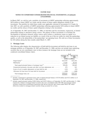 In March 2007, we sold for cash a portfolio of investments in LIHTC partnerships reflecting approximately
$676 million in future LIHTC tax credits and the release of future capital obligations relating to the
investments. The portfolio for which these credits were applicable consisted of investments in 12 funds. In
July 2007, we sold a portfolio of LIHTC partnerships reflecting approximately $254 million in future LIHTC
tax credits and the release of future capital obligations relating to the investments.
As of September 30, 2007 and December 31, 2006, we had three and five investments, respectively, in limited
partnerships relating to alternative energy sources. The purpose of these investments is to facilitate the
development of alternative domestic energy sources and to achieve a satisfactory return on capital via a
reduction in our federal income tax liability as a result of the use of the tax credits for which the partnerships
qualify, as well as the deductibility of the partnerships’ net operating losses. We sold two of these investments
for $16 million during the three months ended March 31, 2007.
3. Mortgage Loans
The following table displays the characteristics of both held-for-investment and held-for-sale loans in our
mortgage portfolio as of September 30, 2007 and December 31, 2006, and does not include loans underlying
securities that are not consolidated, since in those instances the mortgage loans are not included in the
condensed consolidated balance sheets.
September 30,
2007
December 31,
2006
As of
(Dollars in millions)
Single-family(1)
. . . . . . . . . . . . . . . . . . . . . . . . . . . . . . . . . . . . . . . . . . . . . . $321,955 $322,703
Multifamily . . . . . . . . . . . . . . . . . . . . . . . . . . . . . . . . . . . . . . . . . . . . . . . . . 77,465 60,342
Total unpaid principal balance of mortgage loans(2)
. . . . . . . . . . . . . . . . . . . . 399,420 383,045
Unamortized premiums, discounts and other cost basis adjustments, net . . . . . . . 679 943
Lower of cost or market adjustments on loans held for sale . . . . . . . . . . . . . . . . (101) (93)
Allowance for loan losses for loans held for investment . . . . . . . . . . . . . . . . . . (395) (340)
Total mortgage loans, net . . . . . . . . . . . . . . . . . . . . . . . . . . . . . . . . . . . . . . $399,603 $383,555
(1)
Includes construction to permanent loans with an unpaid principal balance of $138 million and $121 million as of
September 30, 2007 and December 31, 2006, respectively.
(2)
Includes unpaid principal totaling $100.0 billion and $105.5 billion as of September 30, 2007 and December 31, 2006,
respectively, related to mortgage-related securities that were consolidated under FIN 46R and mortgage-related
securities created from securitization transactions that did not meet the sales criteria under SFAS 140, which
effectively resulted in mortgage-related securities being accounted for as loans.
72
FANNIE MAE
NOTES TO CONDENSED CONSOLIDATED FINANCIAL STATEMENTS—(Continued)
(UNAUDITED)
 