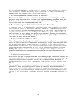 derivatives and our principal purpose in using derivatives is to manage our aggregate interest rate risk profile
within prescribed risk parameters. We generally only use derivatives that are highly liquid and relatively
straightforward to value. We use derivatives for four primary purposes:
(1) As a substitute for notes and bonds that we issue in the debt markets.
We can use a mix of debt issuances and derivatives to achieve the same duration matching that would be
achieved by issuing only debt securities. The primary types of derivatives used for this purpose include pay-
fixed and receive-fixed interest rate swaps (used as substitutes for non-callable debt) and pay-fixed and
receive-fixed swaptions (used as substitutes for callable debt).
(2) To achieve risk management objectives not obtainable with debt market securities.
As an example, we can use the derivative markets to purchase swaptions to add characteristics not obtainable
in the debt markets. Some of the characteristics of the option embedded in a callable bond are dependent on
the market environment at issuance and the par issuance price of the bond. Thus, in a callable bond we can
not specify certain characteristics, such as specifying an “out-of-the-money” option, which could allow us to
more closely match the interest rate risk being hedged. We use option-based derivatives, such as swaptions,
because they provide the added flexibility to fully specify the terms of the option, thereby allowing us to more
closely match the interest rate risk being hedged.
(3) To quickly and efficiently rebalance our portfolio.
While we have a number of rebalancing tools available to us, it is often most efficient for us to rebalance our
portfolio by adding new derivatives or by terminating existing derivative positions. For example, when interest
rates fall and mortgage durations shorten, we can shorten the duration of our debt by entering into receive-
fixed interest rate swaps that convert longer-duration, fixed-term debt into shorter-duration, floating-rate debt
or by terminating existing pay-fixed interest rate swaps. This use of derivatives helps increase our funding
flexibility while helping us maintain our interest rate risk within policy limits. The types of derivative
instruments we use most often to rebalance our portfolio include pay-fixed and receive-fixed interest rate
swaps.
(4) To hedge foreign currency exposure.
We occasionally issue debt in a foreign currency. Our foreign-denominated debt represents less than 1% of our
total debt outstanding. Because all of our assets are denominated in U.S. dollars, we enter into currency swaps
to effectively convert the foreign-denominated debt into U.S. dollar-denominated debt. We are able to
minimize our exposure to currency risk by swapping out of foreign currencies completely at the time of the
debt issue.
Decisions regarding the repositioning of our derivatives portfolio are based upon current assessments of our
interest rate risk profile and economic conditions, including the composition of our consolidated balance
sheets and relative mix of our debt and derivative positions, the interest rate environment and expected trends.
Table 44 presents, by derivative instrument type, our risk management derivative activity for the years ended
December 31, 2006 and 2005, along with the stated maturities of derivatives outstanding as of December 31,
2006.
143
 