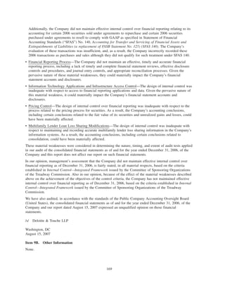 Additionally, the Company did not maintain effective internal control over financial reporting relating to its
accounting for certain 2006 securities sold under agreements to repurchase and certain 2006 securities
purchased under agreements to resell to comply with GAAP as specified in Statement of Financial
Accounting Standards (“SFAS”) No. 140, Accounting for Transfer and Servicing of Financial Assets and
Extinguishments of Liabilities (a replacement of FASB Statement No. 125) (SFAS 140). The Company’s
evaluation of these transactions was insufficient, and, as a result, the Company incorrectly recorded these
2006 transactions as purchases and sales although they did not qualify for such treatment under SFAS 140.
• Financial Reporting Process—The Company did not maintain an effective, timely and accurate financial
reporting process, including a lack of timely and complete financial statement reviews, effective disclosure
controls and procedures, and journal entry controls, and appropriate reconciliation processes. Given the
pervasive nature of these material weaknesses, they could materially impact the Company’s financial
statement accounts and disclosures.
• Information Technology Applications and Infrastructure Access Control—The design of internal control was
inadequate with respect to access to financial reporting applications and data. Given the pervasive nature of
this material weakness, it could materially impact the Company’s financial statement accounts and
disclosures.
• Pricing Control—The design of internal control over financial reporting was inadequate with respect to the
process related to the pricing process for securities. As a result, the Company’s accounting conclusions,
including certain conclusions related to the fair value of its securities and unrealized gains and losses, could
have been materially affected.
• Multifamily Lender Loan Loss Sharing Modifications—The design of internal control was inadequate with
respect to maintaining and recording accurate multifamily lender loss sharing information in the Company’s
information systems. As a result, the accounting conclusions, including certain conclusions related to
consolidation, could have been materially affected.
These material weaknesses were considered in determining the nature, timing, and extent of audit tests applied
in our audit of the consolidated financial statements as of and for the year ended December 31, 2006, of the
Company and this report does not affect our report on such financial statements.
In our opinion, management’s assessment that the Company did not maintain effective internal control over
financial reporting as of December 31, 2006, is fairly stated, in all material respects, based on the criteria
established in Internal Control—Integrated Framework issued by the Committee of Sponsoring Organizations
of the Treadway Commission. Also in our opinion, because of the effect of the material weaknesses described
above on the achievement of the objectives of the control criteria, the Company has not maintained effective
internal control over financial reporting as of December 31, 2006, based on the criteria established in Internal
Control—Integrated Framework issued by the Committee of Sponsoring Organizations of the Treadway
Commission.
We have also audited, in accordance with the standards of the Public Company Accounting Oversight Board
(United States), the consolidated financial statements as of and for the year ended December 31, 2006, of the
Company and our report dated August 15, 2007 expressed an unqualified opinion on those financial
statements.
/s/ Deloitte & Touche LLP
Washington, DC
August 15, 2007
Item 9B. Other Information
None.
169
 