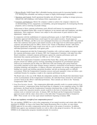 • Mission Results: Fulfill Fannie Mae’s affordable housing mission goals by increasing liquidity to make
U.S. housing more affordable and making an impact in highly disadvantaged communities;
• Operations and Controls: Instill operational discipline into all functions, resulting in stronger processes,
reduced risk, and compliance with Sarbanes-Oxley requirements; and
• Customers and Employees: Renew the company’s culture to achieve the company’s objectives by
(a) demonstrating service, engagement, accountability, and good management; (b) reenergizing diversity
programs; and (c) renewing our people strategy.
Achievement of these corporate performance goals affected cash bonuses for management-level
employees throughout Fannie Mae, except for employees in our internal audit and compliance and ethics
departments. These employees’ bonuses were subject to the achievement of goals tailored to their
departments’ unique roles.
In conjunction with the establishment of corporate performance goals, in April 2006 the Compensation
Committee approved individual bonus award targets for each named executive. Award targets for
Mr. Mudd, Mr. Williams, and Mr. Levin were unchanged from those set in November 2005. The potential
bonus that could have been paid to each named executive at the target level of achievement against the
corporate and individual goals for 2006 is shown in the “Grants of Plan-Based Awards” table below.
Payment significantly above target would occur only in a year in which both the company and the
individual performed exceptionally well against goals.
In 2006, management provided the Compensation Committee with a mid-year update on progress against
the corporate performance goals. In January 2007, the Compensation Committee, with input from other
Board committees, evaluated corporate performance against the corporate performance goals and
determined that corporate performance for 2006 was at 110% of target.
For 2006, the Compensation Committee considered that Fannie Mae, among other achievements, made
progress toward our stability goal by resolving outstanding investigations by governmental agencies;
achieved our restatement goal by filing our 2004 Form 10-K and restating prior period financials;
successfully launched several major strategic business initiatives; restructured several business functions,
including technology and operations, to improve efficiency and generate cost savings; made progress on
building out controls and instilling operational discipline; and met our housing goals in a difficult
environment. While the Compensation Committee assesses each goal separately, it does not follow a pre-
established formula for assigning a weight to the corporate performance goals.
The Board (and, in the case of Mr. Mudd, the independent members of the Board) then determined, based
on the recommendation of the Compensation Committee, the individual bonus amounts for each named
executive based on the officer’s individual performance. These amounts are shown in the “Summary
Compensation Table” below.
• Long-Term Incentive Awards. Our compensation philosophy generally results in a greater portion of our
named executives’ compensation being stock-based than at companies in our comparator group. For 2006
performance, the Board and the Compensation Committee determined that, in light of Fannie Mae’s not
being a current filer, long-term incentive awards would be in the form of restricted shares of Fannie Mae
common stock or restricted stock units. In January 2007, the Board and the Compensation Committee
approved awards with the values shown above in the table titled “Compensation Paid or Granted for
2006.” These awards vest in four equal annual installments beginning in January 2008.
Is there any regulatory oversight of our compensation process?
Yes, our regulator, OFHEO, has a role in the compensation of our named executives and certain other officers
identified by OFHEO. As long as the Fannie Mae Capital Restoration Plan is in effect, we must obtain
OFHEO approval for non-salary compensation actions that relate to this group of executives. In addition,
OFHEO must approve any termination benefits we wish to offer to this group of executives. We also notify
OFHEO of all compensation programs intended primarily for executives.
179
 