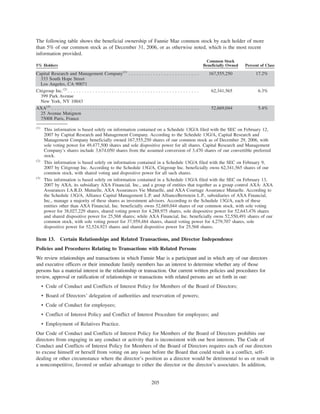 The following table shows the beneficial ownership of Fannie Mae common stock by each holder of more
than 5% of our common stock as of December 31, 2006, or as otherwise noted, which is the most recent
information provided.
5% Holders
Common Stock
Beneficially Owned Percent of Class
Capital Research and Management Company(1)
. . . . . . . . . . . . . . . . . . . . . . . . . . 167,555,250 17.2%
333 South Hope Street
Los Angeles, CA 90071
Citigroup Inc.(2)
. . . . . . . . . . . . . . . . . . . . . . . . . . . . . . . . . . . . . . . . . . . . . . . . 62,341,565 6.3%
399 Park Avenue
New York, NY 10043
AXA(3)
. . . . . . . . . . . . . . . . . . . . . . . . . . . . . . . . . . . . . . . . . . . . . . . . . . . . . . 52,669,044 5.4%
25 Avenue Matignon
75008 Paris, France
(1)
This information is based solely on information contained on a Schedule 13G/A filed with the SEC on February 12,
2007 by Capital Research and Management Company. According to the Schedule 13G/A, Capital Research and
Management Company beneficially owned 167,555,250 shares of our common stock as of December 29, 2006, with
sole voting power for 49,477,500 shares and sole dispositive power for all shares. Capital Research and Management
Company’s shares include 3,674,050 shares from the assumed conversion of 3,470 shares of our convertible preferred
stock.
(2)
This information is based solely on information contained in a Schedule 13G/A filed with the SEC on February 9,
2007 by Citigroup Inc. According to the Schedule 13G/A, Citigroup Inc. beneficially owns 62,341,565 shares of our
common stock, with shared voting and dispositive power for all such shares.
(3)
This information is based solely on information contained in a Schedule 13G/A filed with the SEC on February 13,
2007 by AXA, its subsidiary AXA Financial, Inc., and a group of entities that together as a group control AXA: AXA
Assurances I.A.R.D. Mutuelle, AXA Assurances Vie Mutuelle, and AXA Courtage Assurance Mutuelle. According to
the Schedule 13G/A, Alliance Capital Management L.P. and AllianceBernstein L.P., subsidiaries of AXA Financial,
Inc., manage a majority of these shares as investment advisors. According to the Schedule 13G/A, each of these
entities other than AXA Financial, Inc. beneficially owns 52,669,044 shares of our common stock, with sole voting
power for 38,027,229 shares, shared voting power for 4,288,975 shares, sole dispositive power for 52,643,476 shares
and shared dispositive power for 25,568 shares; while AXA Financial, Inc. beneficially owns 52,550,491 shares of our
common stock, with sole voting power for 37,959,484 shares, shared voting power for 4,279,707 shares, sole
dispositive power for 52,524,923 shares and shared dispositive power for 25,568 shares.
Item 13. Certain Relationships and Related Transactions, and Director Independence
Policies and Procedures Relating to Transactions with Related Persons
We review relationships and transactions in which Fannie Mae is a participant and in which any of our directors
and executive officers or their immediate family members has an interest to determine whether any of those
persons has a material interest in the relationship or transaction. Our current written policies and procedures for
review, approval or ratification of relationships or transactions with related persons are set forth in our:
• Code of Conduct and Conflicts of Interest Policy for Members of the Board of Directors;
• Board of Directors’ delegation of authorities and reservation of powers;
• Code of Conduct for employees;
• Conflict of Interest Policy and Conflict of Interest Procedure for employees; and
• Employment of Relatives Practice.
Our Code of Conduct and Conflicts of Interest Policy for Members of the Board of Directors prohibits our
directors from engaging in any conduct or activity that is inconsistent with our best interests. The Code of
Conduct and Conflicts of Interest Policy for Members of the Board of Directors requires each of our directors
to excuse himself or herself from voting on any issue before the Board that could result in a conflict, self-
dealing or other circumstance where the director’s position as a director would be detrimental to us or result in
a noncompetitive, favored or unfair advantage to either the director or the director’s associates. In addition,
205
 