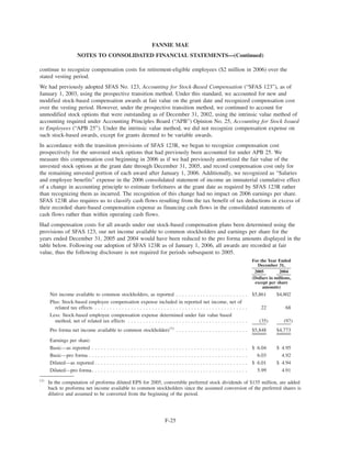 continue to recognize compensation costs for retirement-eligible employees ($2 million in 2006) over the
stated vesting period.
We had previously adopted SFAS No. 123, Accounting for Stock-Based Compensation (“SFAS 123”), as of
January 1, 2003, using the prospective transition method. Under this standard, we accounted for new and
modified stock-based compensation awards at fair value on the grant date and recognized compensation cost
over the vesting period. However, under the prospective transition method, we continued to account for
unmodified stock options that were outstanding as of December 31, 2002, using the intrinsic value method of
accounting required under Accounting Principles Board (“APB”) Opinion No. 25, Accounting for Stock Issued
to Employees (“APB 25”). Under the intrinsic value method, we did not recognize compensation expense on
such stock-based awards, except for grants deemed to be variable awards.
In accordance with the transition provisions of SFAS 123R, we began to recognize compensation cost
prospectively for the unvested stock options that had previously been accounted for under APB 25. We
measure this compensation cost beginning in 2006 as if we had previously amortized the fair value of the
unvested stock options at the grant date through December 31, 2005, and record compensation cost only for
the remaining unvested portion of each award after January 1, 2006. Additionally, we recognized as “Salaries
and employee benefits” expense in the 2006 consolidated statement of income an immaterial cumulative effect
of a change in accounting principle to estimate forfeitures at the grant date as required by SFAS 123R rather
than recognizing them as incurred. The recognition of this change had no impact on 2006 earnings per share.
SFAS 123R also requires us to classify cash flows resulting from the tax benefit of tax deductions in excess of
their recorded share-based compensation expense as financing cash flows in the consolidated statements of
cash flows rather than within operating cash flows.
Had compensation costs for all awards under our stock-based compensation plans been determined using the
provisions of SFAS 123, our net income available to common stockholders and earnings per share for the
years ended December 31, 2005 and 2004 would have been reduced to the pro forma amounts displayed in the
table below. Following our adoption of SFAS 123R as of January 1, 2006, all awards are recorded at fair
value, thus the following disclosure is not required for periods subsequent to 2005.
2005 2004
For the Year Ended
December 31,
(Dollars in millions,
except per share
amounts)
Net income available to common stockholders, as reported . . . . . . . . . . . . . . . . . . . . . . . . $5,861 $4,802
Plus: Stock-based employee compensation expense included in reported net income, net of
related tax effects . . . . . . . . . . . . . . . . . . . . . . . . . . . . . . . . . . . . . . . . . . . . . . . . . . . 22 68
Less: Stock-based employee compensation expense determined under fair value based
method, net of related tax effects . . . . . . . . . . . . . . . . . . . . . . . . . . . . . . . . . . . . . . . . (35) (97)
Pro forma net income available to common stockholders(1)
. . . . . . . . . . . . . . . . . . . . . . . . $5,848 $4,773
Earnings per share:
Basic—as reported . . . . . . . . . . . . . . . . . . . . . . . . . . . . . . . . . . . . . . . . . . . . . . . . . . . . $ 6.04 $ 4.95
Basic—pro forma . . . . . . . . . . . . . . . . . . . . . . . . . . . . . . . . . . . . . . . . . . . . . . . . . . . . . 6.03 4.92
Diluted—as reported . . . . . . . . . . . . . . . . . . . . . . . . . . . . . . . . . . . . . . . . . . . . . . . . . . . $ 6.01 $ 4.94
Diluted—pro forma. . . . . . . . . . . . . . . . . . . . . . . . . . . . . . . . . . . . . . . . . . . . . . . . . . . . 5.99 4.91
(1)
In the computation of proforma diluted EPS for 2005, convertible preferred stock dividends of $135 million, are added
back to proforma net income available to common stockholders since the assumed conversion of the preferred shares is
dilutive and assumed to be converted from the beginning of the period.
F-25
FANNIE MAE
NOTES TO CONSOLIDATED FINANCIAL STATEMENTS—(Continued)
 