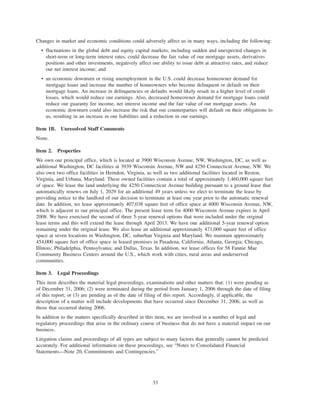 Changes in market and economic conditions could adversely affect us in many ways, including the following:
• fluctuations in the global debt and equity capital markets, including sudden and unexpected changes in
short-term or long-term interest rates, could decrease the fair value of our mortgage assets, derivatives
positions and other investments, negatively affect our ability to issue debt at attractive rates, and reduce
our net interest income; and
• an economic downturn or rising unemployment in the U.S. could decrease homeowner demand for
mortgage loans and increase the number of homeowners who become delinquent or default on their
mortgage loans. An increase in delinquencies or defaults would likely result in a higher level of credit
losses, which would reduce our earnings. Also, decreased homeowner demand for mortgage loans could
reduce our guaranty fee income, net interest income and the fair value of our mortgage assets. An
economic downturn could also increase the risk that our counterparties will default on their obligations to
us, resulting in an increase in our liabilities and a reduction in our earnings.
Item 1B. Unresolved Staff Comments
None.
Item 2. Properties
We own our principal office, which is located at 3900 Wisconsin Avenue, NW, Washington, DC, as well as
additional Washington, DC facilities at 3939 Wisconsin Avenue, NW and 4250 Connecticut Avenue, NW. We
also own two office facilities in Herndon, Virginia, as well as two additional facilities located in Reston,
Virginia, and Urbana, Maryland. These owned facilities contain a total of approximately 1,460,000 square feet
of space. We lease the land underlying the 4250 Connecticut Avenue building pursuant to a ground lease that
automatically renews on July 1, 2029 for an additional 49 years unless we elect to terminate the lease by
providing notice to the landlord of our decision to terminate at least one year prior to the automatic renewal
date. In addition, we lease approximately 407,038 square feet of office space at 4000 Wisconsin Avenue, NW,
which is adjacent to our principal office. The present lease term for 4000 Wisconsin Avenue expires in April
2008. We have exercised the second of three 5-year renewal options that were included under the original
lease terms and this will extend the lease through April 2013. We have one additional 5-year renewal option
remaining under the original lease. We also lease an additional approximately 471,000 square feet of office
space at seven locations in Washington, DC, suburban Virginia and Maryland. We maintain approximately
454,000 square feet of office space in leased premises in Pasadena, California; Atlanta, Georgia; Chicago,
Illinois; Philadelphia, Pennsylvania; and Dallas, Texas. In addition, we lease offices for 58 Fannie Mae
Community Business Centers around the U.S., which work with cities, rural areas and underserved
communities.
Item 3. Legal Proceedings
This item describes the material legal proceedings, examinations and other matters that: (1) were pending as
of December 31, 2006; (2) were terminated during the period from January 1, 2006 through the date of filing
of this report; or (3) are pending as of the date of filing of this report. Accordingly, if applicable, the
description of a matter will include developments that have occurred since December 31, 2006, as well as
those that occurred during 2006.
In addition to the matters specifically described in this item, we are involved in a number of legal and
regulatory proceedings that arise in the ordinary course of business that do not have a material impact on our
business.
Litigation claims and proceedings of all types are subject to many factors that generally cannot be predicted
accurately. For additional information on these proceedings, see “Notes to Consolidated Financial
Statements—Note 20, Commitments and Contingencies.”
33
 