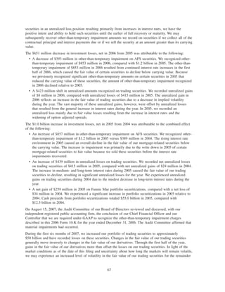 securities in an unrealized loss position resulting primarily from increases in interest rates, we have the
positive intent and ability to hold such securities until the earlier of full recovery or maturity. We may
subsequently recover other-than-temporary impairment amounts we record on securities if we collect all of the
contractual principal and interest payments due or if we sell the security at an amount greater than its carrying
value.
The $651 million decrease in investment losses, net in 2006 from 2005 was attributable to the following:
• A decrease of $393 million in other-than-temporary impairment on AFS securities. We recognized other-
than-temporary impairment of $853 million in 2006, compared with $1.2 billion in 2005. The other-than-
temporary impairment of $853 million in 2006 resulted from continued interest rate increases in the first
half of 2006, which caused the fair value of certain securities to decline below carrying value. Because
we previously recognized significant other-than-temporary amounts on certain securities in 2005 that
reduced the carrying value of these securities, the amount of other-than-temporary impairment recognized
in 2006 declined relative to 2005.
• A $423 million shift in unrealized amounts recognized on trading securities. We recorded unrealized gains
of $8 million in 2006, compared with unrealized losses of $415 million in 2005. The unrealized gain in
2006 reflects an increase in the fair value of trading securities due to a decrease in implied volatility
during the year. The vast majority of these unrealized gains, however, were offset by unrealized losses
that resulted from the general increase in interest rates during the year. In 2005, we recorded an
unrealized loss mainly due to fair value losses resulting from the increase in interest rates and the
widening of option adjusted spreads.
The $1.0 billion increase in investment losses, net in 2005 from 2004 was attributable to the combined effect
of the following:
• An increase of $857 million in other-than-temporary impairment on AFS securities. We recognized other-
than-temporary impairment of $1.2 billion in 2005 versus $389 million in 2004. The rising interest rate
environment in 2005 caused an overall decline in the fair value of our mortgage-related securities below
the carrying value. The increase in impairment was primarily due to the write down in 2005 of certain
mortgage-related securities to fair value because we sold these securities before the interest rate
impairments recovered.
• An increase of $439 million in unrealized losses on trading securities. We recorded net unrealized losses
on trading securities of $415 million in 2005, compared with net unrealized gains of $24 million in 2004.
The increase in medium- and long-term interest rates during 2005 caused the fair value of our trading
securities to decline, resulting in significant unrealized losses for the year. We experienced unrealized
gains on trading securities during 2004 due to the modest decrease in long-term interest rates during the
year.
• A net gain of $259 million in 2005 on Fannie Mae portfolio securitizations, compared with a net loss of
$34 million in 2004. We experienced a significant increase in portfolio securitizations in 2005 relative to
2004. Cash proceeds from portfolio securitizations totaled $55.0 billion in 2005, compared with
$12.3 billion in 2004.
On August 15, 2007, the Audit Committee of our Board of Directors reviewed and discussed, with our
independent registered public accounting firm, the conclusion of our Chief Financial Officer and our
Controller that we are required under GAAP to recognize the other-than-temporary impairment charges
described in this 2006 Form 10-K for the year ended December 31, 2006. The Audit Committee affirmed that
material impairments had occurred.
During the first six months of 2007, we increased our portfolio of trading securities to approximately
$50 billion and have recorded losses on these securities. Changes in the fair value of our trading securities
generally move inversely to changes in the fair value of our derivatives. Through the first half of the year,
gains in the fair value of our derivatives more than offset the losses on our trading securities. In light of the
market conditions as of the date of this filing and uncertainty about how long the markets will remain volatile,
we may experience an increased level of volatility in the fair value of our trading securities for the remainder
67
 