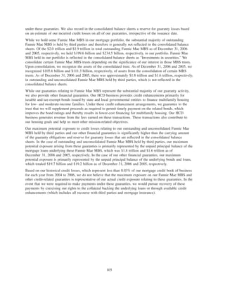 under these guaranties. We also record in the consolidated balance sheets a reserve for guaranty losses based
on an estimate of our incurred credit losses on all of our guaranties, irrespective of the issuance date.
While we hold some Fannie Mae MBS in our mortgage portfolio, the substantial majority of outstanding
Fannie Mae MBS is held by third parties and therefore is generally not reflected in the consolidated balance
sheets. Of the $2.0 trillion and $1.9 trillion in total outstanding Fannie Mae MBS as of December 31, 2006
and 2005, respectively, we held $199.6 billion and $234.5 billion, respectively, in our portfolio. Fannie Mae
MBS held in our portfolio is reflected in the consolidated balance sheets as “Investments in securities.” We
consolidate certain Fannie Mae MBS trusts depending on the significance of our interest in those MBS trusts.
Upon consolidation, we recognize the assets of the consolidated trust. As of December 31, 2006 and 2005, we
recognized $105.6 billion and $111.3 billion, respectively, of assets from the consolidation of certain MBS
trusts. As of December 31, 2006 and 2005, there was approximately $1.8 trillion and $1.6 trillion, respectively,
in outstanding and unconsolidated Fannie Mae MBS held by third parties, which is not reflected in the
consolidated balance sheets.
While our guaranties relating to Fannie Mae MBS represent the substantial majority of our guaranty activity,
we also provide other financial guaranties. Our HCD business provides credit enhancements primarily for
taxable and tax-exempt bonds issued by state and local governmental entities to finance multifamily housing
for low- and moderate-income families. Under these credit enhancement arrangements, we guarantee to the
trust that we will supplement proceeds as required to permit timely payment on the related bonds, which
improves the bond ratings and thereby results in lower-cost financing for multifamily housing. Our HCD
business generates revenue from the fees earned on these transactions. These transactions also contribute to
our housing goals and help us meet other mission-related objectives.
Our maximum potential exposure to credit losses relating to our outstanding and unconsolidated Fannie Mae
MBS held by third parties and our other financial guaranties is significantly higher than the carrying amount
of the guaranty obligations and reserve for guaranty losses that are reflected in the consolidated balance
sheets. In the case of outstanding and unconsolidated Fannie Mae MBS held by third parties, our maximum
potential exposure arising from these guaranties is primarily represented by the unpaid principal balance of the
mortgage loans underlying these Fannie Mae MBS, which was $1.8 trillion and $1.6 trillion as of
December 31, 2006 and 2005, respectively. In the case of our other financial guaranties, our maximum
potential exposure is primarily represented by the unpaid principal balance of the underlying bonds and loans,
which totaled $19.7 billion and $19.2 billion as of December 31, 2006 and 2005, respectively.
Based on our historical credit losses, which represent less than 0.03% of our mortgage credit book of business
for each year from 2004 to 2006, we do not believe that the maximum exposure on our Fannie Mae MBS and
other credit-related guaranties is representative of our actual credit exposure relating to these guaranties. In the
event that we were required to make payments under these guaranties, we would pursue recovery of these
payments by exercising our rights to the collateral backing the underlying loans or through available credit
enhancements (which includes all recourse with third parties and mortgage insurance).
105
 