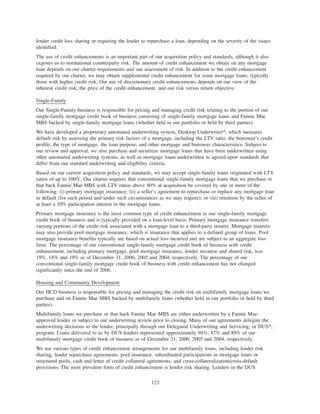 lender credit loss sharing or requiring the lender to repurchase a loan, depending on the severity of the issues
identified.
The use of credit enhancements is an important part of our acquisition policy and standards, although it also
exposes us to institutional counterparty risk. The amount of credit enhancement we obtain on any mortgage
loan depends on our charter requirements and our assessment of risk. In addition to the credit enhancement
required by our charter, we may obtain supplemental credit enhancement for some mortgage loans, typically
those with higher credit risk. Our use of discretionary credit enhancements depends on our view of the
inherent credit risk, the price of the credit enhancement, and our risk versus return objective.
Single-Family
Our Single-Family business is responsible for pricing and managing credit risk relating to the portion of our
single-family mortgage credit book of business consisting of single-family mortgage loans and Fannie Mae
MBS backed by single-family mortgage loans (whether held in our portfolio or held by third parties).
We have developed a proprietary automated underwriting system, Desktop Underwriter», which measures
default risk by assessing the primary risk factors of a mortgage, including the LTV ratio, the borrower’s credit
profile, the type of mortgage, the loan purpose, and other mortgage and borrower characteristics. Subject to
our review and approval, we also purchase and securitize mortgage loans that have been underwritten using
other automated underwriting systems, as well as mortgage loans underwritten to agreed-upon standards that
differ from our standard underwriting and eligibility criteria.
Based on our current acquisition policy and standards, we may accept single-family loans originated with LTV
ratios of up to 100%. Our charter requires that conventional single-family mortgage loans that we purchase or
that back Fannie Mae MBS with LTV ratios above 80% at acquisition be covered by one or more of the
following: (i) primary mortgage insurance; (ii) a seller’s agreement to repurchase or replace any mortgage loan
in default (for such period and under such circumstances as we may require); or (iii) retention by the seller of
at least a 10% participation interest in the mortgage loans.
Primary mortgage insurance is the most common type of credit enhancement in our single-family mortgage
credit book of business and is typically provided on a loan-level basis. Primary mortgage insurance transfers
varying portions of the credit risk associated with a mortgage loan to a third-party insurer. Mortgage insurers
may also provide pool mortgage insurance, which is insurance that applies to a defined group of loans. Pool
mortgage insurance benefits typically are based on actual loss incurred and are subject to an aggregate loss
limit. The percentage of our conventional single-family mortgage credit book of business with credit
enhancement, including primary mortgage, pool mortgage insurance, lender recourse and shared risk, was
19%, 18% and 19% as of December 31, 2006, 2005 and 2004, respectively. The percentage of our
conventional single-family mortgage credit book of business with credit enhancement has not changed
significantly since the end of 2006.
Housing and Community Development
Our HCD business is responsible for pricing and managing the credit risk on multifamily mortgage loans we
purchase and on Fannie Mae MBS backed by multifamily loans (whether held in our portfolio or held by third
parties).
Multifamily loans we purchase or that back Fannie Mae MBS are either underwritten by a Fannie Mae-
approved lender or subject to our underwriting review prior to closing. Many of our agreements delegate the
underwriting decisions to the lender, principally through our Delegated Underwriting and Servicing, or DUS»,
program. Loans delivered to us by DUS lenders represented approximately 94%, 87% and 89% of our
multifamily mortgage credit book of business as of December 31, 2006, 2005 and 2004, respectively.
We use various types of credit enhancement arrangements for our multifamily loans, including lender risk
sharing, lender repurchase agreements, pool insurance, subordinated participations in mortgage loans or
structured pools, cash and letter of credit collateral agreements, and cross-collateralization/cross-default
provisions. The most prevalent form of credit enhancement is lender risk sharing. Lenders in the DUS
123
 