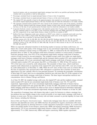 loan-level statistics only on conventional single-family mortgage loans held in our portfolio and backing Fannie MBS
(whether held in our portfolio or held by third parties).
(2)
Percentages calculated based on unpaid principal balance of loans at time of acquisition.
(3)
Percentages calculated based on unpaid principal balance of loans as of the end of each period.
(4)
The original LTV ratio generally is based on the appraised property value reported to us at the time of acquisition of the
loan and the original unpaid principal balance of the loan. Excludes loans for which this information is not readily available.
(5)
The aggregate estimated mark-to-market LTV ratio is based on the estimated current value of the property, calculated
using an internal valuation model that estimates periodic changes in home value, and the unpaid principal balance of
the loan as of the date of each reported period. Excludes loans for which this information is not readily available.
(6)
Long-term fixed-rate consists of mortgage loans with maturities greater than 15 years, while intermediate-term fixed-
rate have maturities equal to or less than 15 years. Fixed-rate mortgage loans and ARMs represented an estimated 90%
and 10%, respectively, of our single-family business volume for the first six months of 2007.
(7)
Reflects Fair Isaac Corporation credit score, referred to as FICO» score, which is a commonly used credit score that
ranges from a low of 300 to a high of 850. We obtain borrower credit scores on the majority of single-family
mortgage loans that we purchase or that back Fannie Mae MBS.
(8)
Midwest consists of IL, IN, IA, MI, MN, NE, ND, OH, SD and WI. Northeast includes CT, DE, ME, MA, NH, NJ,
NY, PA, PR, RI, VT and VI. Southeast consists of AL, DC, FL, GA, KY, MD, MS, NC, SC, TN, VA and WV.
Southwest consists of AZ, AR, CO, KS, LA, MO, NM, OK, TX and UT. West consists of AK, CA, GU, HI, ID, MT,
NV, OR, WA and WY.
While we expect the substantial slowdown in the housing market to increase our future credit losses, we
believe the overall credit quality of the mortgage loans in our conventional single-family mortgage credit book
of business continued to remain strong as of December 31, 2006, as evidenced by the risk characteristics
presented above in Table 35. Our mortgage credit book of business continues to consist mostly of traditional
fixed-rate mortgage loans. Over 95% of our conventional single-family mortgage credit book of business
consists of loans secured by one-unit properties. The weighted average credit score within our single-family
mortgage credit book of business remained high and the estimated mark-to-market LTV ratio remained below
60%. Approximately 10% of our conventional single-family mortgage credit book of business had an
estimated mark-to-market LTV ratio greater than 80% as of December 31, 2006. Of that 10% portion, over
76% of the loans were covered by credit enhancement. The remainder of these loans, which would have
required credit enhancement at acquisition if the original LTV ratios had been above 80%, were not covered
by credit enhancement as of December 31, 2006. While the LTV ratios of these loans were at or below 80% at
the time of acquisition, they increased above 80% subsequent to acquisition due to declines in home price
appreciation over time, partially offset by loan principal payments. In examining the geographic concentration
of these high LTV loans, there was no metropolitan statistical area with more than 5% of this segment of our
conventional single-family mortgage credit book of business. The three largest metropolitan statistical area
concentrations were in Atlanta, Chicago and Detroit.
As of June 30, 2007, the weighted average credit score, the original LTV ratio and the weighted average estimated
mark-to-market LTV ratio for our conventional single-family book of business were 722, 71% and 57%,
respectively. Approximately 13% of our conventional single-family mortgage credit book of business had an
estimated mark-to-market LTV ratio greater than 80% as of June 30, 2007. The portion of our conventional single-
family mortgage credit book of business for which we have access to detailed loan-level information represented
approximately 95% of our total conventional single-family mortgage credit book of business as of June 30, 2007.
The acquisition of mortgage loans with features that make it easier for borrowers to obtain a mortgage loan
has produced the most notable change in the overall risk profile of our single-family mortgage credit book of
business in recent years. We have worked closely with our lender customers to provide liquidity for loans with
these features, including the following:
Interest-Only and Negative Amortization Loans: Interest-only mortgage loans (that are available with both
fixed-rate and adjustable-rate terms) and ARMs that have the potential for negative amortization offer lower
initial monthly payments by allowing borrowers to defer repayment of principal or interest. As a result of the
shift in the product profile of new business, interest-only ARMs and negative-amortizing ARMs increased to
approximately 12% of our conventional single-family business volume in 2006 and 2005, compared with
approximately 7% in 2004. Interest-only ARMs and negative amortizing ARMs together represented
127
 