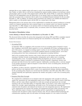 anticipate that we may complete testing with respect to some of our remaining material weaknesses prior to that
time. Further, we believe that we will not have remediated the material weakness relating to our disclosure controls
and procedures until we are able to file required reports with the SEC and the NYSE on a timely basis. Deloitte &
Touche LLP will independently assess the effectiveness of our internal control over financial reporting, but will
make that assessment only in connection with its audit of our consolidated financial statements for the year ended
December 31, 2007. In addition, our internal control environment will continue to be modified and enhanced in
order to enable us to file periodic reports with the SEC on a current basis in the future.
Management believes the measures that we have implemented to remediate the material weaknesses in internal
control over financial reporting have had a material impact on our internal control over financial reporting
since December 31, 2004. Changes in our internal control over financial reporting that have materially
affected, or are reasonably likely to materially affect, our internal control over financial reporting are
described below.
Description of Remediation Actions
Actions Relating to Material Weaknesses Remediated as of December 31, 2006
The discussion below describes the actions that management took during 2005 and 2006 to remediate material
weaknesses in internal control over financial reporting that were identified as of December 31, 2005.
Control Environment
• Accounting Policy
In September 2006, we completed a full assessment of all our accounting policies designed to ensure
their compliance with GAAP, which required us to revise substantially all of these accounting policies. As
part of this process, we engaged accounting experts to advise on our accounting policies. We currently
maintain a written, comprehensive set of GAAP-compliant financial accounting policies. All of these
accounting policies have been communicated to the appropriate accounting functions.
Staff in the accounting policy function works closely with each of the business units and financial
reporting to facilitate accurate accounting policy interpretation and to address new or emerging
accounting policy issues. Accounting standard-setting developments are actively monitored, with
implementation impacts researched in coordination with the Controller’s department, business unit
personnel and other divisions that would be impacted. Additionally, accounting policy is actively engaged
in new product and process approval designed to ensure that the correct accounting policy decisions are
reached and implemented.
In addition, in order to provide a segregation of duties between those who develop our accounting
policies and those who implement them, as part of our organizational redesign, reporting responsibility
for the accounting policy function was moved from the Controller to the CFO. Since May 2005, we have
changed leadership and significantly augmented the numbers and quality of staff in the accounting policy
function.
• Enterprise-Wide Risk Oversight
We completed the establishment of an enterprise-wide risk organization with oversight of credit risk,
market risk, operational risk, and independent model review in 2006. In June 2006, we hired a Chief Risk
Officer, and new senior officers responsible for credit risk oversight and operational risk oversight
reporting to the new Chief Risk Officer. In September 2006, we also hired a senior officer responsible for
market risk oversight, capital methodology and model review. We developed and communicated
corporate-wide risk policies and enhanced our business unit risk management processes. We implemented
a new organizational risk structure that includes risk management personnel within each business unit.
Those individuals report to business unit leadership and have responsibility for implementing the
corporate-wide risk policies in their respective business units. We also enhanced Board monitoring and
communication regarding credit risk and market risk through adoption of a new charter for the Risk
163
 