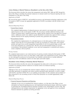 Actions Relating to Material Weaknesses Remediated as of the Date of this Filing
The discussion below describes the actions that management took during 2005, 2006 and 2007 through the
date of this filing to remediate the material weaknesses in internal control over financial reporting that were
remediated as of the date of this filing.
Application of GAAP
We assessed the impact of SOP 03-3, and modified our process and information technology applications in the
first quarter of 2007 to ensure the appropriate application of GAAP in accordance with the recently issued
standard.
Financial Reporting Process
• Journal Entry Controls
We completed implementation of enhanced processes and controls in our journal entry creation and
approval process in the second quarter of 2007. The new process includes additional training on the
creation of journal entries, required journal entry support and the required review and approval of journal
entries. Additional controls were added to specify thresholds for journal entry approval while creating a
separate function for the ongoing monitoring of journal entry generation and compliance.
• Reconciliation Controls
We completed the implementation of a redesigned process in the third quarter of 2007. These process
changes ensure that all of our general ledger accounts are reconciled on a timely basis. We assigned
primary and supervisory account management responsibility for all of our general ledger accounts, and
review this information on a quarterly basis. We have also provided detailed training on account
reconciliations. Reconciliation completion, review and issue management is monitored each month to
ensure compliance with our policies.
Pricing Controls
We completed improvements to our control processes for pricing securities during the third quarter of 2007
which included supervisory review over data inputs, model outputs and computational accuracy. During 2006
we also redesigned our processes for the pricing of our liabilities and derivatives to include additional
supervisory review and additional controls over data inputs and model outputs.
Remediation Actions Relating to Remaining Material Weaknesses
The discussion below describes the actions that management has taken and is in the process of taking to
remediate our remaining material weaknesses in internal control over financial reporting.
Application of GAAP
Although we have not yet remediated the material weakness relating to our accounting for certain securities
sold under agreements to repurchase and certain securities purchased under agreements to resell to comply
with GAAP as specified in SFAS 140, we are updating our procedures for the evaluation and recordation of
these transactions in our accounting records to ensure that transactions are recorded appropriately under
SFAS 140.
Financial Reporting Process
• Financial Statement Preparation and Reporting
Although we have not yet remediated this material weakness, as of the date of this filing, we have
redesigned our financial reporting processes and implemented technological changes which have resulted
in generating the consolidated financial statements included in this Annual Report on Form 10-K. This
redesigned process also includes requirements for appropriate review and approval of the consolidated
financial statements by qualified accounting personnel.
166
 