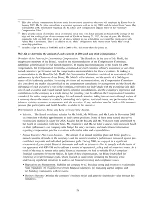 (1)
This table reflects compensation decisions made for our named executives who were still employed by Fannie Mae in
January 2007. Ms. St. John entered into a separation agreement with us in July 2006, and she retired from Fannie Mae
in December 2006. Information regarding Ms. St. John’s 2006 compensation appears below in the “Summary
Compensation Table.”
(2)
These awards consist of restricted stock or restricted stock units. The dollar amounts are based on the average of the
high and low trading prices of our common stock of $56.66 on January 25, 2007, the date of grant. Mr. Mudd is
required to hold one-fifth of his grant (net of shares withheld to pay withholding taxes) until his employment with
Fannie Mae is terminated. This is in addition to Mr. Mudd’s obligation to hold shares under Fannie Mae’s stock
ownership guidelines.
(3)
Includes a sign-on bonus of $800,000 paid in 2006 to Ms. Wilkinson when she joined us.
How did we determine the amount of each element of 2006 cash and stock compensation?
Overview of the Process for Determining Compensation. The Board (or, in the case of Mr. Mudd, the
independent members of the Board), based on the recommendations of the Compensation Committee,
determines compensation for our named executives. In making recommendations to the Board for 2006
compensation, the Compensation Committee considered our chief executive officer’s assessment of our other
named executives’ performance and his compensation recommendation for these executives. In making a
recommendation to the Board for Mr. Mudd, the Compensation Committee considered an assessment of his
performance by the Chairman of our Board, Mr. Mudd’s self-evaluation, and the results of a 360-degree
survey of his leadership qualities. In making decisions and recommendations, the Compensation Committee
also considered the market data provided by the compensation consultants for management and the Board, the
importance of each executive’s role in the company, competition for individuals with the experience and skill
sets of each executive and related market factors, retention considerations, and the executive’s experience and
contributions to the company as a whole during the preceding year. In addition, the Compensation Committee
considered the entire compensation package for each named executive, taking into account—through review of
a summary sheet—the named executive’s outstanding stock options, restricted shares, and performance share
balances; existing severance arrangements with the executive, if any; and other benefits (such as life insurance,
pension plan participation and health benefits) available to the executive.
Determination of Salaries, Bonus and Long-Term Incentive Awards.
• Salaries. The Board established salaries for Mr. Mudd, Mr. Williams, and Mr. Levin in November 2005
in connection with their appointments to their current positions. None of these three named executives
received any increase in salary for 2006. Salaries for Mr. Blakely and Ms. Wilkinson were determined by
the Board in connection with their hires. Mr. Niculescu’s and Ms. St. John’s salaries were increased based
on their performance, our company-wide budget for salary increases, and market-based information
regarding compensation paid for executives with similar roles and responsibilities.
• Annual Incentive Plan Cash Bonuses. The amount of an annual incentive plan cash bonus paid to a
named executive depends on the company’s and the named executive’s performance measured against pre-
established corporate and individual performance goals. During 2006, we engaged in a significant
restatement of prior period financial statements and made an extensive effort to comply with the terms of
our agreement with OFHEO and to address a number of operational, policy and infrastructure issues. As a
result of the need to restate prior period financial statements, we had no reliable GAAP-compliant
financial statements for recent periods. In light of these circumstances, our Board established the
following set of performance goals, which focused on successfully operating the business while
undertaking significant initiatives to address our financial reporting and compliance issues:
• Regulation and Restatement: Stabilize the company by (a) building strong and productive relationships
with regulators; (b) restating prior period financial statements; (c) managing capital surplus; and
(d) building relationships with investors;
• Business Results: Optimize the company’s business model and generate shareholder value through key
initiatives;
178
 