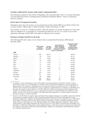 Securities Authorized for Issuance under Equity Compensation Plans
The information required by Item 201(d) of Regulation S-K is provided under “Item 12—Security Ownership
of Certain Beneficial Owners and Management and Related Stockholder Matters,” which is incorporated
herein by reference.
Recent Sales of Unregistered Securities
Information about sales and issuances of our unregistered securities during 2006 was provided in Forms 8-K
we filed on May 9, 2006, August 9, 2006, November 8, 2006, and February 27, 2007.
The securities we issue are “exempted securities” under the Securities Act and the Exchange Act to the same
extent as obligations of, or guaranteed as to principal and interest by, the U.S. As a result, we do not file
registration statements with the SEC with respect to offerings of our securities.
Purchases of Equity Securities by the Issuer
The following table shows shares of our common stock we repurchased from January 2006 through
December 2006.
Total Number
of Shares
Purchased(1)
Average
Price Paid
per Share
Total Number of
Shares Purchased
as Part of Publicly
Announced Program(2)
Maximum Number
of Shares that
May Yet be
Purchased Under
the Program(3)(4)
(Shares in thousands)
2006
January . . . . . . . . . . . . . . . . . . . . . 196 $53.23 — 60,596
February. . . . . . . . . . . . . . . . . . . . . 58 58.10 — 60,112
March . . . . . . . . . . . . . . . . . . . . . . 61 54.04 — 60,269
April . . . . . . . . . . . . . . . . . . . . . . . 10 52.60 — 61,267
May. . . . . . . . . . . . . . . . . . . . . . . . 13 50.38 4 61,160
June. . . . . . . . . . . . . . . . . . . . . . . . 13 48.11 4 61,046
July . . . . . . . . . . . . . . . . . . . . . . . . 11 48.55 — 60,983
August . . . . . . . . . . . . . . . . . . . . . . 52 49.29 23 60,900
September . . . . . . . . . . . . . . . . . . . 19 53.91 7 60,669
October . . . . . . . . . . . . . . . . . . . . . 210 58.32 — 60,526
November. . . . . . . . . . . . . . . . . . . . 231 59.92 — 60,047
December . . . . . . . . . . . . . . . . . . . . 26 60.07 9 59,517
Total . . . . . . . . . . . . . . . . . . . . . 900 $56.32 47 59,517
(1)
In addition to shares repurchased as part of the publicly announced programs described in footnote 2 below,
these shares consist of: (a) 349,446 shares of common stock reacquired from employees to pay an aggregate of
approximately $18.9 million in withholding taxes due upon the vesting of restricted stock; (b) 73,181 shares of
common stock reacquired from employees to pay an aggregate of approximately $4.3 million in withholding taxes
due upon the exercise of stock options; (c) 418,847 shares of common stock repurchased from employees and
members of our Board of Directors to pay an aggregate exercise price of approximately $24.4 million for stock
options; and (d) 12,150 shares of common stock repurchased from employees in a limited number of instances
relating to employees’ financial hardship.
(2)
Consists of 47,440 shares of common stock repurchased from employees pursuant to our publicly announced employee
stock repurchase program. On May 9, 2006, we announced that the Board of Directors had authorized a stock
repurchase program (the “Employee Stock Repurchase Program”) under which we may repurchase up to $100 million
of our shares of common stock from non-officer employees. On January 21, 2003, we publicly announced that the
Board of Directors had approved a stock repurchase program (the “General Repurchase Authority”) under which we
could purchase in open market transactions the sum of (a) up to 5% of the shares of common stock outstanding as of
December 31, 2002 (49.4 million shares) and (b) additional shares to offset stock issued or expected to be issued under
our employee benefit plans. Neither the General Repurchase Authority nor the Employee Stock Repurchase Program
has a specified expiration date.
41
 