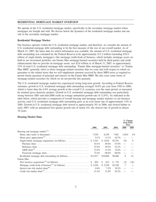 RESIDENTIAL MORTGAGE MARKET OVERVIEW
We operate in the U.S. residential mortgage market, specifically in the secondary mortgage market where
mortgages are bought and sold. We discuss below the dynamics of the residential mortgage market and our
role in the secondary mortgage market.
Residential Mortgage Market
Our business operates within the U.S. residential mortgage market, and therefore, we consider the amount of
U.S. residential mortgage debt outstanding to be the best measure of the size of our overall market. As of
March 31, 2007, the latest date for which information was available, the amount of U.S. residential mortgage
debt outstanding was estimated by the Federal Reserve to be approximately $11.2 trillion (including $10.4
trillion of single-family mortgages). Our mortgage credit book of business, which includes mortgage assets we
hold in our investment portfolio, our Fannie Mae mortgage-backed securities held by third parties and credit
enhancements that we provide on mortgage assets, was $2.6 trillion as of March 31, 2007, or approximately
23% of total U.S. residential mortgage debt outstanding. “Fannie Mae mortgage-backed securities” or “Fannie
Mae MBS” generally refers to those mortgage-related securities that we issue and with respect to which we
guarantee to the related trusts that we will supplement amounts received by those MBS trusts as required to
permit timely payment of principal and interest on the Fannie Mae MBS. We also issue some forms of
mortgage-related securities for which we do not provide this guaranty.
The U.S. residential mortgage market has experienced strong long-term growth. According to Federal Reserve
estimates, growth in U.S. residential mortgage debt outstanding averaged 10.6% per year from 1945 to 2006,
which is faster than the 6.9% average growth in the overall U.S. economy over the same period, as measured
by nominal gross domestic product. Growth in U.S. residential mortgage debt outstanding was particularly
strong between 2001 and mid-2006 (with an average annualized growth rate of 12.8%). As indicated in the
table below, which provides a comparison of overall housing and mortgage market statistics to our business
activity, total U.S. residential mortgage debt outstanding grew at an even faster rate of approximately 14% in
2005. Growth in U.S. residential mortgage debt slowed to approximately 9% in 2006, and slowed further in
early 2007, with an annualized first quarter growth rate of nearly 6%, the slowest rate of growth in almost
10 years.
Housing Market Data
2006 2005 2004 2006 2005
% Change
from Prior
Year
Housing and mortgage market:(1)
Home sales (units in thousands) . . . . . . . . . . . . . . . . . . . . . . . . . . . . . 7,529 8,359 7,981 (10)% 5%
Home price appreciation(2)
. . . . . . . . . . . . . . . . . . . . . . . . . . . . . . . . 9.1% 13.1% 10.7% — —
Single-family mortgage originations (in billions) . . . . . . . . . . . . . . . . . $ 2,761 $ 3,034 $2,791 (9) 9
Purchase share . . . . . . . . . . . . . . . . . . . . . . . . . . . . . . . . . . . . . . . 52.4% 49.8% 47.8% — —
Refinance share . . . . . . . . . . . . . . . . . . . . . . . . . . . . . . . . . . . . . . 47.6% 50.2% 52.2% — —
ARM share(3)
. . . . . . . . . . . . . . . . . . . . . . . . . . . . . . . . . . . . . . . . 27.6% 31.4% 32.0% — —
Fixed-rate mortgage share . . . . . . . . . . . . . . . . . . . . . . . . . . . . . . . 72.4% 68.6% 68.0% — —
Residential mortgage debt outstanding (in billions). . . . . . . . . . . . . . . . $11,017 $10,066 $8,866 9 14
Fannie Mae:
New business acquisitions(4)
(in billions). . . . . . . . . . . . . . . . . . . . . . . $ 603 $ 612 $ 725 (2) (16)
Mortgage credit book of business(5)
(in billions) . . . . . . . . . . . . . . . . . $ 2,526 $ 2,356 $2,340 7 1
Interest rate risk market share(6)
. . . . . . . . . . . . . . . . . . . . . . . . . . . . . 6.6% 7.2% 10.2% — —
Credit risk market share(7)
. . . . . . . . . . . . . . . . . . . . . . . . . . . . . . . . . 21.4% 21.8% 24.2% — —
2
 