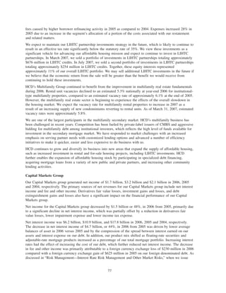fees caused by higher borrower refinancing activity in 2005 as compared to 2004. Expenses increased 28% in
2005 due to an increase in the segment’s allocation of a portion of the costs associated with our restatement
and related matters.
We expect to maintain our LIHTC partnership investments strategy in the future, which is likely to continue to
result in an effective tax rate significantly below the statutory rate of 35%. We view these investments as a
significant vehicle for advancing our affordable housing mission and expect to continue to invest in LIHTC
partnerships. In March 2007, we sold a portfolio of investments in LIHTC partnerships totaling approximately
$676 million in LIHTC credits. In July 2007, we sold a second portfolio of investments in LIHTC partnerships
totaling approximately $254 million in LIHTC credits. Together, these equity interests represented
approximately 11% of our overall LIHTC portfolio. We may sell additional LIHTC investments in the future if
we believe that the economic return from the sale will be greater than the benefit we would receive from
continuing to hold these investments.
HCD’s Multifamily Group continued to benefit from the improvement in multifamily real estate fundamentals
during 2006. Rental unit vacancies declined to an estimated 5.3% nationally at year-end 2006 for institutional-
type multifamily properties, compared to an estimated vacancy rate of approximately 6.1% at the end of 2005.
However, the multifamily real estate sector is beginning to experience the effects of the overall slowdown in
the housing market. We expect the vacancy rate for multifamily rental properties to increase in 2007 as a
result of an increasing supply of new condominiums reverting to rental units. As of March 31, 2007, estimated
vacancy rates were approximately 5.8%.
We are one of the largest participants in the multifamily secondary market. HCD’s multifamily business has
been challenged in recent years. Competition has been fueled by private-label issuers of CMBS and aggressive
bidding for multifamily debt among institutional investors, which reflects the high level of funds available for
investment in the secondary mortgage market. We have responded to market challenges with an increased
emphasis on serving partner needs with customized lending options and advanced a number of efficiency
initiatives to make it quicker, easier and less expensive to do business with us.
HCD continues to grow and diversify its business into new areas that expand the supply of affordable housing,
such as increased investment in rental and for-sale housing projects, including LIHTC investments. HCD
further enables the expansion of affordable housing stock by participating in specialized debt financing,
acquiring mortgage loans from a variety of new public and private partners, and increasing other community
lending activities.
Capital Markets Group
Our Capital Markets group generated net income of $1.7 billion, $3.2 billion and $2.1 billion in 2006, 2005
and 2004, respectively. The primary sources of net revenues for our Capital Markets group include net interest
income and fee and other income. Derivatives fair value losses, investment gains and losses, and debt
extinguishment gains and losses also have a significant impact on the financial performance of our Capital
Markets group.
Net income for the Capital Markets group decreased by $1.5 billion or 48%, in 2006 from 2005, primarily due
to a significant decline in net interest income, which was partially offset by a reduction in derivatives fair
value losses, lower impairment expense and lower income tax expense.
Net interest income was $6.2 billion, $10.9 billion, and $17.8 billion in 2006, 2005 and 2004, respectively.
The decrease in net interest income of $4.7 billion, or 44%, in 2006 from 2005 was driven by lower average
balances of asset in 2006 versus 2005 and by the compression of the spread between interest earned on our
assets and interest expense on our debt. In addition, our product mix shifted as floating-rate securities and
adjustable-rate mortgage products increased as a percentage of our total mortgage portfolio. Increasing interest
rates had the effect of increasing the cost of our debt, which further reduced net interest income. The decrease
in fee and other income was primarily attributable to a foreign currency exchange loss of $230 million in 2006
compared with a foreign currency exchange gain of $625 million in 2005 on our foreign denominated debt. As
discussed in “Risk Management—Interest Rate Risk Management and Other Market Risks,” when we issue
77
 