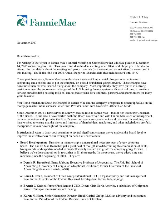 Fannie mae Letter from the Chairman of the Board of 