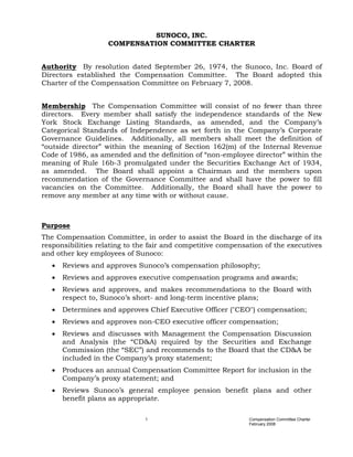 SUNOCO, INC.
                   COMPENSATION COMMITTEE CHARTER


Authority By resolution dated September 26, 1974, the Sunoco, Inc. Board of
Directors established the Compensation Committee. The Board adopted this
Charter of the Compensation Committee on February 7, 2008.


Membership The Compensation Committee will consist of no fewer than three
directors. Every member shall satisfy the independence standards of the New
York Stock Exchange Listing Standards, as amended, and the Company’s
Categorical Standards of Independence as set forth in the Company’s Corporate
Governance Guidelines. Additionally, all members shall meet the definition of
“outside director” within the meaning of Section 162(m) of the Internal Revenue
Code of 1986, as amended and the definition of “non-employee director” within the
meaning of Rule 16b-3 promulgated under the Securities Exchange Act of 1934,
as amended. The Board shall appoint a Chairman and the members upon
recommendation of the Governance Committee and shall have the power to fill
vacancies on the Committee. Additionally, the Board shall have the power to
remove any member at any time with or without cause.



Purpose
The Compensation Committee, in order to assist the Board in the discharge of its
responsibilities relating to the fair and competitive compensation of the executives
and other key employees of Sunoco:
   •   Reviews and approves Sunoco’s compensation philosophy;
   •   Reviews and approves executive compensation programs and awards;
   •   Reviews and approves, and makes recommendations to the Board with
       respect to, Sunoco’s short- and long-term incentive plans;
   •   Determines and approves Chief Executive Officer (quot;CEOquot;) compensation;
   •   Reviews and approves non-CEO executive officer compensation;
   •   Reviews and discusses with Management the Compensation Discussion
       and Analysis (the “CD&A) required by the Securities and Exchange
       Commission (the “SEC”) and recommends to the Board that the CD&A be
       included in the Company’s proxy statement;
   •   Produces an annual Compensation Committee Report for inclusion in the
       Company’s proxy statement; and
   •   Reviews Sunoco’s general employee pension benefit plans and other
       benefit plans as appropriate.

                               1                              Compensation Committee Charter
                                                              February 2008
 