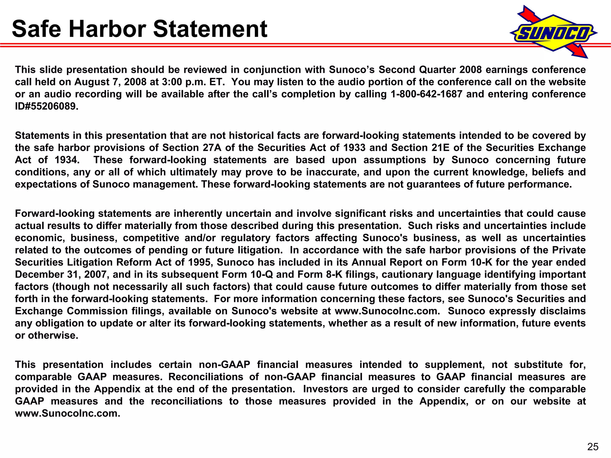 sunoco 2Q08 Earnings Conference Call Presentation