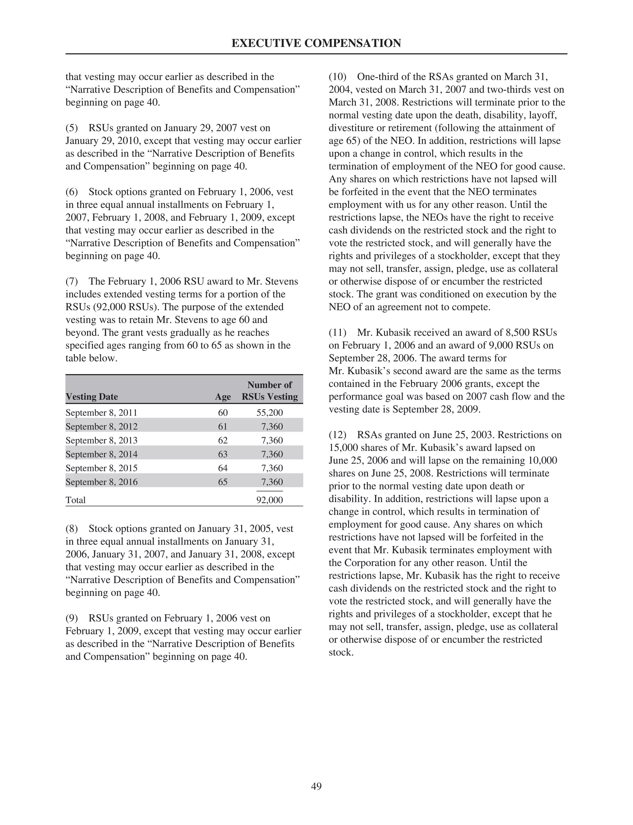EXECUTIVE COMPENSATION
that vesting may occur earlier as described in the
“Narrative Description of Benefits and Compensation”
beginning on page 40.
(5) RSUs granted on January 29, 2007 vest on
January 29, 2010, except that vesting may occur earlier
as described in the “Narrative Description of Benefits
and Compensation” beginning on page 40.
(6) Stock options granted on February 1, 2006, vest
in three equal annual installments on February 1,
2007, February 1, 2008, and February 1, 2009, except
that vesting may occur earlier as described in the
“Narrative Description of Benefits and Compensation”
beginning on page 40.
(7) The February 1, 2006 RSU award to Mr. Stevens
includes extended vesting terms for a portion of the
RSUs (92,000 RSUs). The purpose of the extended
vesting was to retain Mr. Stevens to age 60 and
beyond. The grant vests gradually as he reaches
specified ages ranging from 60 to 65 as shown in the
table below.
Vesting Date Age
Number of
RSUs Vesting
September 8, 2011 60 55,200
September 8, 2012 61 7,360
September 8, 2013 62 7,360
September 8, 2014 63 7,360
September 8, 2015 64 7,360
September 8, 2016 65 7,360
Total 92,000
(8) Stock options granted on January 31, 2005, vest
in three equal annual installments on January 31,
2006, January 31, 2007, and January 31, 2008, except
that vesting may occur earlier as described in the
“Narrative Description of Benefits and Compensation”
beginning on page 40.
(9) RSUs granted on February 1, 2006 vest on
February 1, 2009, except that vesting may occur earlier
as described in the “Narrative Description of Benefits
and Compensation” beginning on page 40.
(10) One-third of the RSAs granted on March 31,
2004, vested on March 31, 2007 and two-thirds vest on
March 31, 2008. Restrictions will terminate prior to the
normal vesting date upon the death, disability, layoff,
divestiture or retirement (following the attainment of
age 65) of the NEO. In addition, restrictions will lapse
upon a change in control, which results in the
termination of employment of the NEO for good cause.
Any shares on which restrictions have not lapsed will
be forfeited in the event that the NEO terminates
employment with us for any other reason. Until the
restrictions lapse, the NEOs have the right to receive
cash dividends on the restricted stock and the right to
vote the restricted stock, and will generally have the
rights and privileges of a stockholder, except that they
may not sell, transfer, assign, pledge, use as collateral
or otherwise dispose of or encumber the restricted
stock. The grant was conditioned on execution by the
NEO of an agreement not to compete.
(11) Mr. Kubasik received an award of 8,500 RSUs
on February 1, 2006 and an award of 9,000 RSUs on
September 28, 2006. The award terms for
Mr. Kubasik’s second award are the same as the terms
contained in the February 2006 grants, except the
performance goal was based on 2007 cash flow and the
vesting date is September 28, 2009.
(12) RSAs granted on June 25, 2003. Restrictions on
15,000 shares of Mr. Kubasik’s award lapsed on
June 25, 2006 and will lapse on the remaining 10,000
shares on June 25, 2008. Restrictions will terminate
prior to the normal vesting date upon death or
disability. In addition, restrictions will lapse upon a
change in control, which results in termination of
employment for good cause. Any shares on which
restrictions have not lapsed will be forfeited in the
event that Mr. Kubasik terminates employment with
the Corporation for any other reason. Until the
restrictions lapse, Mr. Kubasik has the right to receive
cash dividends on the restricted stock and the right to
vote the restricted stock, and will generally have the
rights and privileges of a stockholder, except that he
may not sell, transfer, assign, pledge, use as collateral
or otherwise dispose of or encumber the restricted
stock.
49
 