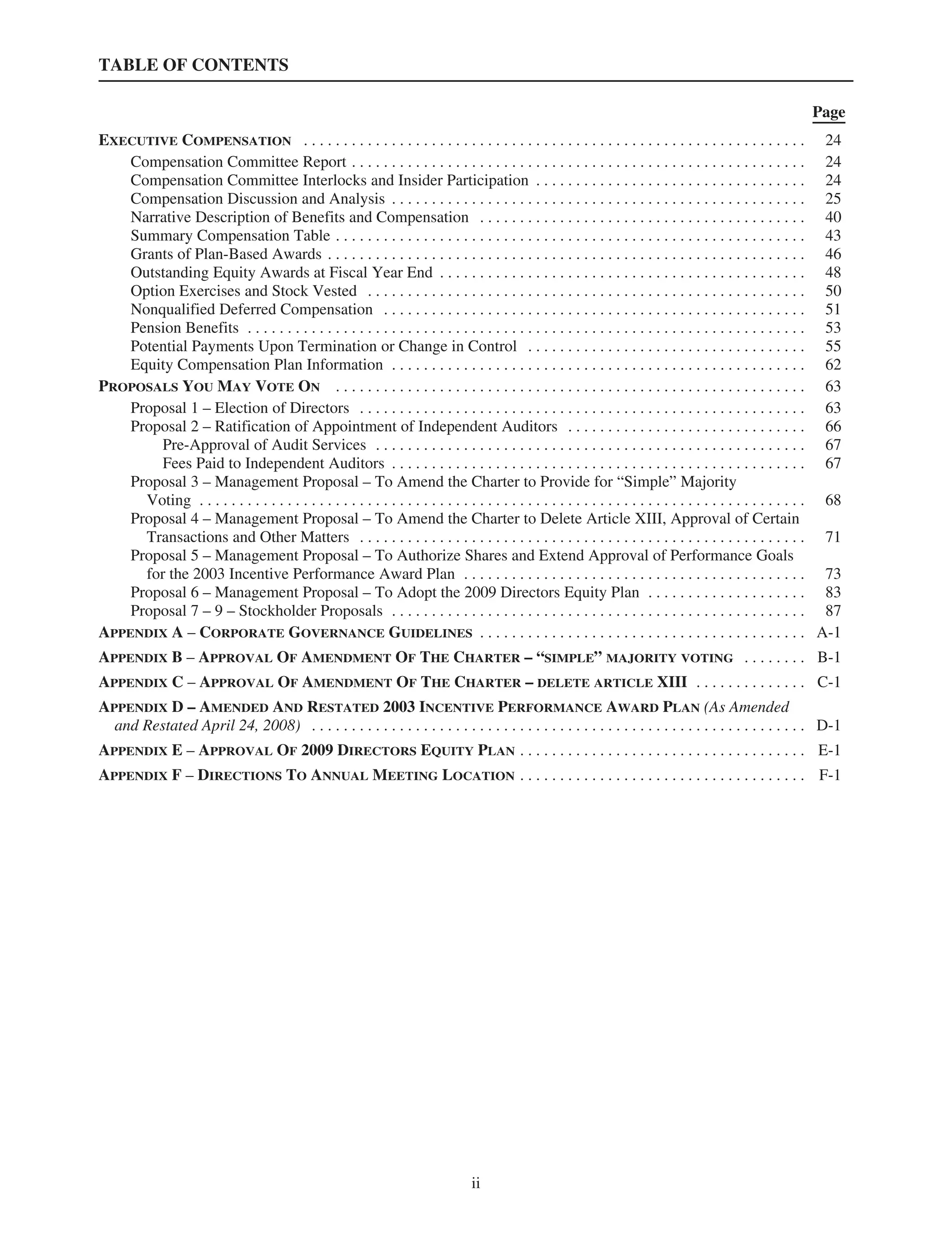 TABLE OF CONTENTS
Page
EXECUTIVE COMPENSATION . . . . . . . . . . . . . . . . . . . . . . . . . . . . . . . . . . . . . . . . . . . . . . . . . . . . . . . . . . . . . . . 24
Compensation Committee Report . . . . . . . . . . . . . . . . . . . . . . . . . . . . . . . . . . . . . . . . . . . . . . . . . . . . . . . . . 24
Compensation Committee Interlocks and Insider Participation . . . . . . . . . . . . . . . . . . . . . . . . . . . . . . . . . . 24
Compensation Discussion and Analysis . . . . . . . . . . . . . . . . . . . . . . . . . . . . . . . . . . . . . . . . . . . . . . . . . . . . 25
Narrative Description of Benefits and Compensation . . . . . . . . . . . . . . . . . . . . . . . . . . . . . . . . . . . . . . . . . 40
Summary Compensation Table . . . . . . . . . . . . . . . . . . . . . . . . . . . . . . . . . . . . . . . . . . . . . . . . . . . . . . . . . . . 43
Grants of Plan-Based Awards . . . . . . . . . . . . . . . . . . . . . . . . . . . . . . . . . . . . . . . . . . . . . . . . . . . . . . . . . . . . 46
Outstanding Equity Awards at Fiscal Year End . . . . . . . . . . . . . . . . . . . . . . . . . . . . . . . . . . . . . . . . . . . . . . 48
Option Exercises and Stock Vested . . . . . . . . . . . . . . . . . . . . . . . . . . . . . . . . . . . . . . . . . . . . . . . . . . . . . . . 50
Nonqualified Deferred Compensation . . . . . . . . . . . . . . . . . . . . . . . . . . . . . . . . . . . . . . . . . . . . . . . . . . . . . 51
Pension Benefits . . . . . . . . . . . . . . . . . . . . . . . . . . . . . . . . . . . . . . . . . . . . . . . . . . . . . . . . . . . . . . . . . . . . . . 53
Potential Payments Upon Termination or Change in Control . . . . . . . . . . . . . . . . . . . . . . . . . . . . . . . . . . . 55
Equity Compensation Plan Information . . . . . . . . . . . . . . . . . . . . . . . . . . . . . . . . . . . . . . . . . . . . . . . . . . . . 62
PROPOSALS YOU MAY VOTE ON . . . . . . . . . . . . . . . . . . . . . . . . . . . . . . . . . . . . . . . . . . . . . . . . . . . . . . . . . . . 63
Proposal 1 – Election of Directors . . . . . . . . . . . . . . . . . . . . . . . . . . . . . . . . . . . . . . . . . . . . . . . . . . . . . . . . 63
Proposal 2 – Ratification of Appointment of Independent Auditors . . . . . . . . . . . . . . . . . . . . . . . . . . . . . . 66
Pre-Approval of Audit Services . . . . . . . . . . . . . . . . . . . . . . . . . . . . . . . . . . . . . . . . . . . . . . . . . . . . . . 67
Fees Paid to Independent Auditors . . . . . . . . . . . . . . . . . . . . . . . . . . . . . . . . . . . . . . . . . . . . . . . . . . . . 67
Proposal 3 – Management Proposal – To Amend the Charter to Provide for “Simple” Majority
Voting . . . . . . . . . . . . . . . . . . . . . . . . . . . . . . . . . . . . . . . . . . . . . . . . . . . . . . . . . . . . . . . . . . . . . . . . . . . . 68
Proposal 4 – Management Proposal – To Amend the Charter to Delete Article XIII, Approval of Certain
Transactions and Other Matters . . . . . . . . . . . . . . . . . . . . . . . . . . . . . . . . . . . . . . . . . . . . . . . . . . . . . . . . 71
Proposal 5 – Management Proposal – To Authorize Shares and Extend Approval of Performance Goals
for the 2003 Incentive Performance Award Plan . . . . . . . . . . . . . . . . . . . . . . . . . . . . . . . . . . . . . . . . . . . 73
Proposal 6 – Management Proposal – To Adopt the 2009 Directors Equity Plan . . . . . . . . . . . . . . . . . . . . 83
Proposal 7 – 9 – Stockholder Proposals . . . . . . . . . . . . . . . . . . . . . . . . . . . . . . . . . . . . . . . . . . . . . . . . . . . . 87
APPENDIX A – CORPORATE GOVERNANCE GUIDELINES . . . . . . . . . . . . . . . . . . . . . . . . . . . . . . . . . . . . . . . . . A-1
APPENDIX B – APPROVAL OF AMENDMENT OF THE CHARTER – “SIMPLE” MAJORITY VOTING . . . . . . . . B-1
APPENDIX C – APPROVAL OF AMENDMENT OF THE CHARTER – DELETE ARTICLE XIII . . . . . . . . . . . . . . C-1
APPENDIX D – AMENDED AND RESTATED 2003 INCENTIVE PERFORMANCE AWARD PLAN (As Amended
and Restated April 24, 2008) . . . . . . . . . . . . . . . . . . . . . . . . . . . . . . . . . . . . . . . . . . . . . . . . . . . . . . . . . . . . . . D-1
APPENDIX E – APPROVAL OF 2009 DIRECTORS EQUITY PLAN . . . . . . . . . . . . . . . . . . . . . . . . . . . . . . . . . . . . E-1
APPENDIX F – DIRECTIONS TO ANNUAL MEETING LOCATION . . . . . . . . . . . . . . . . . . . . . . . . . . . . . . . . . . . . F-1
ii
 