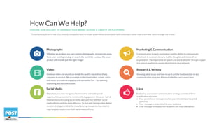 Photography
Video
Social Media
Marketing & Communication
Research & Writing
Likes
Whether we produce our own custom photographs, incorporate some
from your existing catalog, or search the world for a unique file, your
project will include just the right image!
Amateur video and sound can break the quality reputation of any
company in seconds. We guarantee professional video, scripts, voice
and music to create an engaging and successful film – for training,
marketing and documentation.
Manufacturers now recognize the innovative and widespread
opportunities presented by social media engagement. However, half of
the manufacturers using social media also said they felt their social
media efforts could be more effective. To that end, having a clear digital
content strategy is critical for manufacturing companies that want to
reap tangible results from their social media efforts.
EXPLORE OUR SKILLSET TO ENHANCE YOUR BRAND ACROSS A VARIETY OF PLATFORMS
How Can We Help?
Communication is easily overlooked, but the ability to communicate
effectively is necessary to carry out the thoughts and visions of an
organization. The importance of speech and words whether through a paper
or a voice is medium to convey directions to your network.
Knowing what to say and how to say it are the fundamentals to any
communication program. We start with the basics every time.
Evaluating a successful communication strategy consists of three
quantitative outcomes:
• Your promotional message reaches your intended and targeted
audience.
• Your message is understood by your audience.
• Your message stimulates the recipients and they take action.
“To successfully brand in the 21st century, companies have to create a two-sided conversation with consumers rather than a one-way 'push' through the funnel.”
 