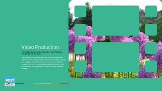 THE MORE ENGAGED EMPLOYEES ARE IN THEIR TRAINING,
THE BETTER THEY’LL LEARN
Video Production
Seeing someone or something with one’s own eyes through video
allows him or her to feel a stronger connection to the specific message
that is being conveyed.  This personal connection can be helpful for
companies in terms of training purposes, passing information along in
an organization, attracting people to a brand or for basic marketing
strategies. 
 