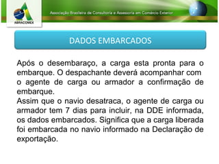 DADOS EMBARCADOS
Após o desembaraço, a carga esta pronta para o
embarque. O despachante deverá acompanhar com
o agente de carga ou armador a confirmação de
embarque.
Assim que o navio desatraca, o agente de carga ou
armador tem 7 dias para incluir, na DDE informada,
os dados embarcados. Significa que a carga liberada
foi embarcada no navio informado na Declaração de
exportação.
 