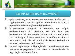 EXEMPLO: RETIRADA BL/AWB/CRT
 Após confirmação do embarque marítimo, é efetuado o
pagamento das taxas de capatazia e de liberação do BL, e
dependendo da condição também o frete.
 O embarque rodoviário é efetuado no próprio
estabelecimento do produtor, ou em local pré-
estabelecido pelo importador. A liberação da mercadoria
para embarque é feita mediante a verificação física e
documental realizada pelo Auditor da Receita Federal nos
terminais aduaneiros de fronteira.
 No embarque aéreo a liberação do conhecimento é feita
mediante o pagamento das taxas e dependendo da
negociação também o frete.
 