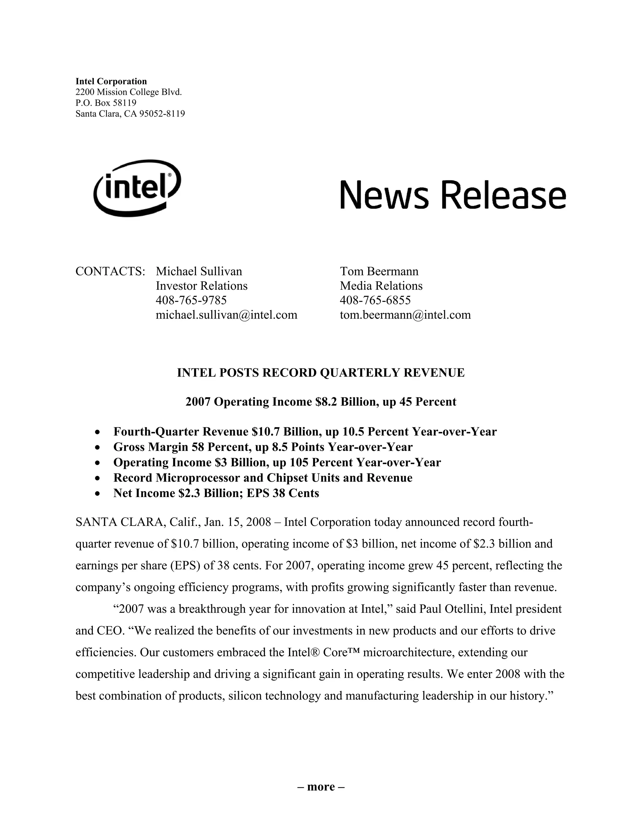 intel Fourth Quarter 2007 Earnings Release