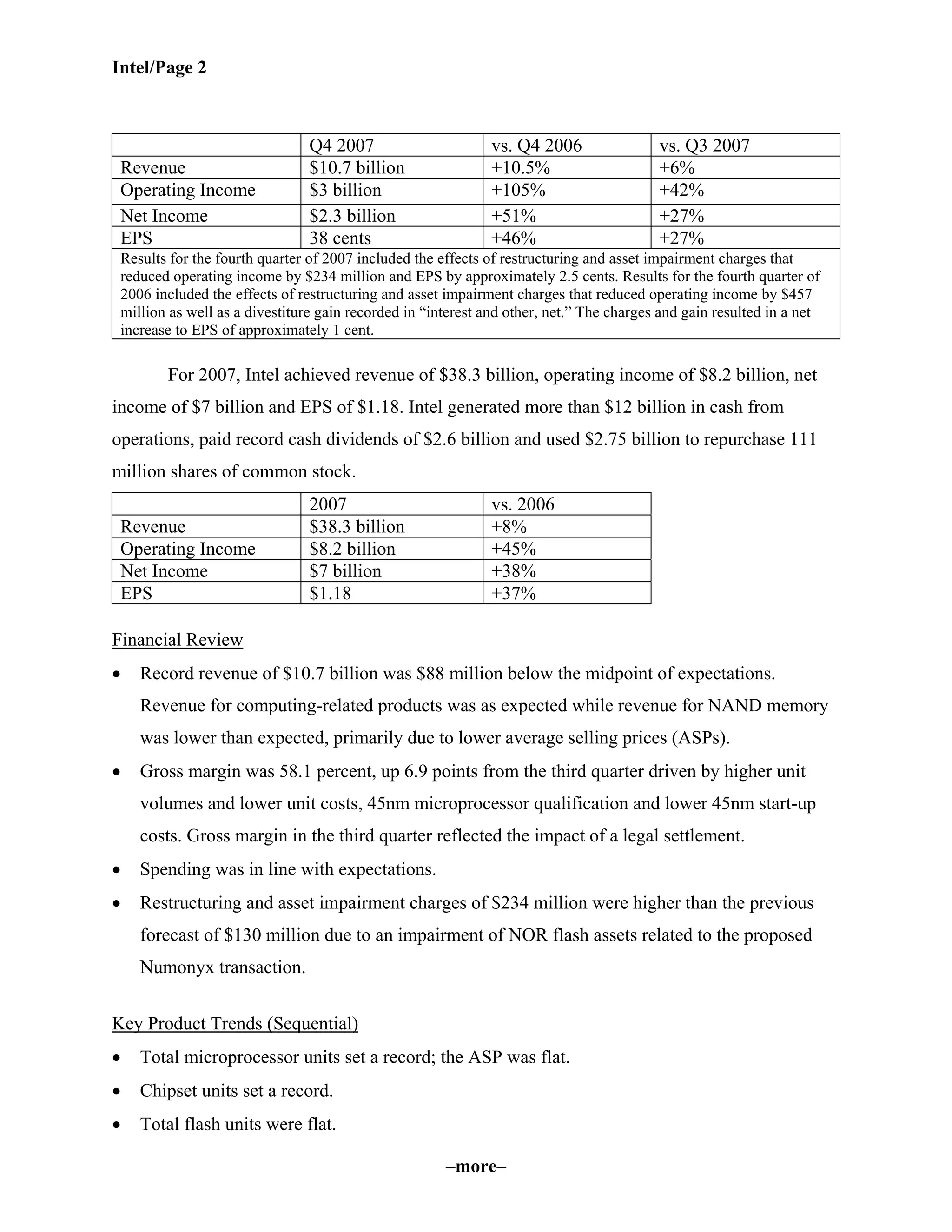intel Fourth Quarter 2007 Earnings Release