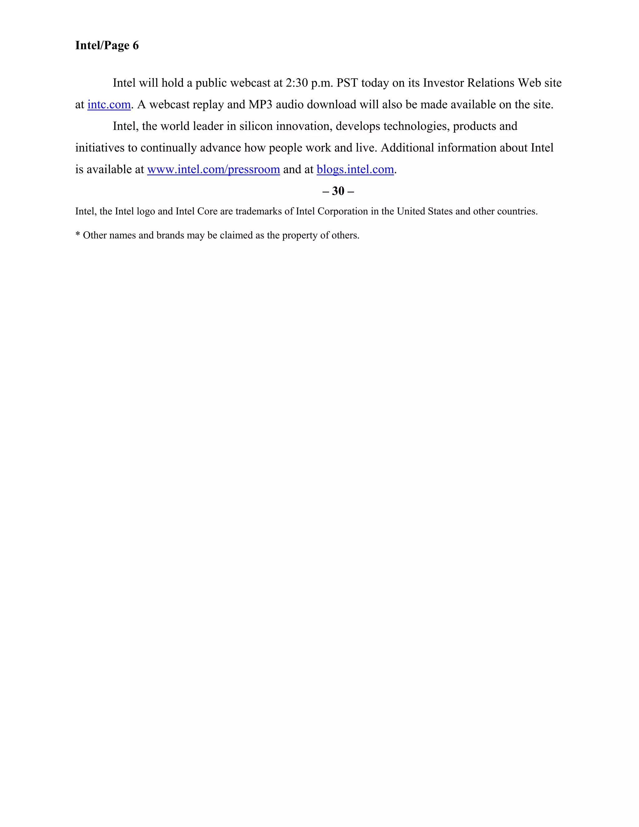 intel Fourth Quarter 2007 Earnings Release