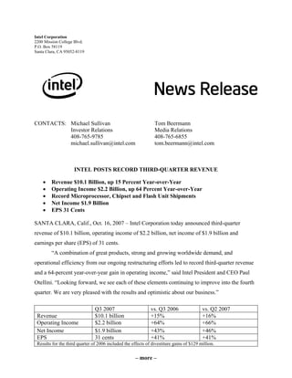 Intel Corporation
2200 Mission College Blvd.
P.O. Box 58119
Santa Clara, CA 95052-8119
CONTACTS: Michael Sullivan Tom Beermann
Investor Relations Media Relations
408-765-9785 408-765-6855
michael.sullivan@intel.com tom.beermann@intel.com
INTEL POSTS RECORD THIRD-QUARTER REVENUE
• Revenue $10.1 Billion, up 15 Percent Year-over-Year
• Operating Income $2.2 Billion, up 64 Percent Year-over-Year
• Record Microprocessor, Chipset and Flash Unit Shipments
• Net Income $1.9 Billion
• EPS 31 Cents
SANTA CLARA, Calif., Oct. 16, 2007 – Intel Corporation today announced third-quarter
revenue of $10.1 billion, operating income of $2.2 billion, net income of $1.9 billion and
earnings per share (EPS) of 31 cents.
“A combination of great products, strong and growing worldwide demand, and
operational efficiency from our ongoing restructuring efforts led to record third-quarter revenue
and a 64-percent year-over-year gain in operating income,” said Intel President and CEO Paul
Otellini. “Looking forward, we see each of these elements continuing to improve into the fourth
quarter. We are very pleased with the results and optimistic about our business.”
Q3 2007 vs. Q3 2006 vs. Q2 2007
Revenue $10.1 billion +15% +16%
Operating Income $2.2 billion +64% +66%
Net Income $1.9 billion +43% +46%
EPS 31 cents +41% +41%
Results for the third quarter of 2006 included the effects of divestiture gains of $129 million.
– more –
 
