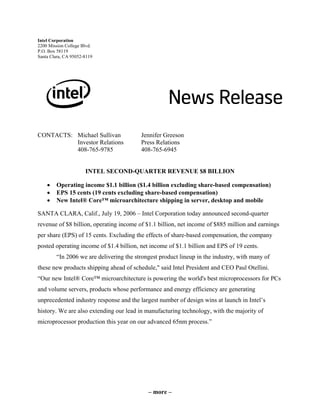 Intel Corporation
2200 Mission College Blvd.
P.O. Box 58119
Santa Clara, CA 95052-8119




CONTACTS: Michael Sullivan               Jennifer Greeson
          Investor Relations             Press Relations
          408-765-9785                   408-765-6945


                      INTEL SECOND-QUARTER REVENUE $8 BILLION

    •   Operating income $1.1 billion ($1.4 billion excluding share-based compensation)
    •   EPS 15 cents (19 cents excluding share-based compensation)
    •   New Intel® Core™ microarchitecture shipping in server, desktop and mobile

SANTA CLARA, Calif., July 19, 2006 – Intel Corporation today announced second-quarter
revenue of $8 billion, operating income of $1.1 billion, net income of $885 million and earnings
per share (EPS) of 15 cents. Excluding the effects of share-based compensation, the company
posted operating income of $1.4 billion, net income of $1.1 billion and EPS of 19 cents.
        “In 2006 we are delivering the strongest product lineup in the industry, with many of
these new products shipping ahead of schedule,quot; said Intel President and CEO Paul Otellini.
“Our new Intel® Core™ microarchitecture is powering the world's best microprocessors for PCs
and volume servers, products whose performance and energy efficiency are generating
unprecedented industry response and the largest number of design wins at launch in Intel’s
history. We are also extending our lead in manufacturing technology, with the majority of
microprocessor production this year on our advanced 65nm process.”




                                            – more –
 