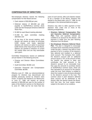 COMPENSATION OF DIRECTORS
Non-employee directors receive the following
compensation for their Board service:
• Cash retainer of $35,000 per year;
• Deferred retainer of $25,000 per year
payable in SUPERVALU common stock
under the Non-Employee Directors Deferred
Stock Plan;
• $1,800 for each Board meeting attended;
• $1,000 for each committee meeting
attended; and
• At the time of the annual meeting, each
director will receive an option to purchase
6,000 shares, and newly appointed
directors will receive an option to purchase
6,000 shares when they first join the Board.
Options are granted to directors at current
fair market value and are fully exercisable
upon grant.
Committee Chairpersons receive an additional
annual retainer in the following amounts:
• Finance and Director Affairs Committees:
$7,000;
• Audit Committee: $9,000; and
• Executive Personnel and Compensation
Committee: $8,000.
Effective June 27, 1996, our retirement/deferral
program for directors was discontinued and
benefits previously earned by directors were
frozen. A director first elected to our Board prior
to June 27, 1996, will receive an annual
payment of $20,000 per year for the number of
years of the director’s service on the Board prior
to June 27, 1996, but for not more than ten
years of such service, after such director ceases
to be a member of the Board. Directors first
elected to the Board after June 27, 1996, do not
participate in the retirement/deferral program.
Directors may elect to defer payment of their
directors’ fees under one or more of the
following arrangements:
• Directors Deferred Compensation Plan
and Executive Deferred Compensation
Plan. Fees and quarterly interest are
credited to an account for the director, until
payment is made from the plan following
retirement from the Board.
• Non-Employee Directors Deferred Stock
Plan. This plan is designed to encourage
increased stock ownership among directors.
Under the plan, a director may elect to have
payment of all or a portion of the director’s
fees deferred and credited to a deferred
stock account. The Company then credits
the director’s account with an additional
amount equal to 10% of the amount of fees
the director has elected to defer and
contributes the total amounts in the
director’s account to an irrevocable trust
that uses the amounts to purchase shares
of SUPERVALU common stock, which are
then allocated to an account for the director
under the trust. Each director is entitled to
direct the trustee to vote all shares allocated
to the director’s account in the trust. The
common stock in each director’s deferred
stock account will be distributed to the
director after the director leaves the Board.
Until that time, the trust assets remain
subject to the claims of our creditors.
11
 