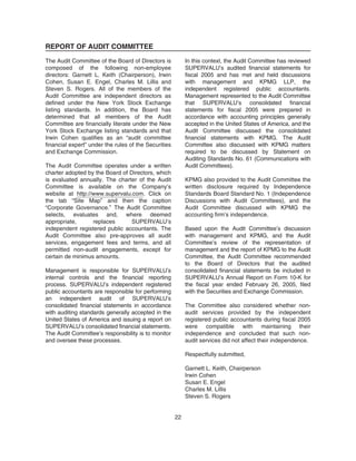 REPORT OF AUDIT COMMITTEE
The Audit Committee of the Board of Directors is
composed of the following non-employee
directors: Garnett L. Keith (Chairperson), Irwin
Cohen, Susan E. Engel, Charles M. Lillis and
Steven S. Rogers. All of the members of the
Audit Committee are independent directors as
defined under the New York Stock Exchange
listing standards. In addition, the Board has
determined that all members of the Audit
Committee are financially literate under the New
York Stock Exchange listing standards and that
Irwin Cohen qualifies as an “audit committee
financial expert” under the rules of the Securities
and Exchange Commission.
The Audit Committee operates under a written
charter adopted by the Board of Directors, which
is evaluated annually. The charter of the Audit
Committee is available on the Company’s
website at http://www.supervalu.com. Click on
the tab “Site Map” and then the caption
“Corporate Governance.” The Audit Committee
selects, evaluates and, where deemed
appropriate, replaces SUPERVALU’s
independent registered public accountants. The
Audit Committee also pre-approves all audit
services, engagement fees and terms, and all
permitted non-audit engagements, except for
certain de minimus amounts.
Management is responsible for SUPERVALU’s
internal controls and the financial reporting
process. SUPERVALU’s independent registered
public accountants are responsible for performing
an independent audit of SUPERVALU’s
consolidated financial statements in accordance
with auditing standards generally accepted in the
United States of America and issuing a report on
SUPERVALU’s consolidated financial statements.
The Audit Committee’s responsibility is to monitor
and oversee these processes.
In this context, the Audit Committee has reviewed
SUPERVALU’s audited financial statements for
fiscal 2005 and has met and held discussions
with management and KPMG LLP, the
independent registered public accountants.
Management represented to the Audit Committee
that SUPERVALU’s consolidated financial
statements for fiscal 2005 were prepared in
accordance with accounting principles generally
accepted in the United States of America, and the
Audit Committee discussed the consolidated
financial statements with KPMG. The Audit
Committee also discussed with KPMG matters
required to be discussed by Statement on
Auditing Standards No. 61 (Communications with
Audit Committees).
KPMG also provided to the Audit Committee the
written disclosure required by Independence
Standards Board Standard No. 1 (Independence
Discussions with Audit Committees), and the
Audit Committee discussed with KPMG the
accounting firm’s independence.
Based upon the Audit Committee’s discussion
with management and KPMG, and the Audit
Committee’s review of the representation of
management and the report of KPMG to the Audit
Committee, the Audit Committee recommended
to the Board of Directors that the audited
consolidated financial statements be included in
SUPERVALU’s Annual Report on Form 10-K for
the fiscal year ended February 26, 2005, filed
with the Securities and Exchange Commission.
The Committee also considered whether non-
audit services provided by the independent
registered public accountants during fiscal 2005
were compatible with maintaining their
independence and concluded that such non-
audit services did not affect their independence.
Respectfully submitted,
Garnett L. Keith, Chairperson
Irwin Cohen
Susan E. Engel
Charles M. Lillis
Steven S. Rogers
22
 