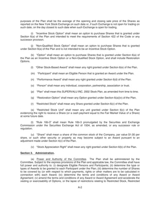 purposes of the Plan shall be the average of the opening and closing sale price of the Shares as
reported on the New York Stock Exchange on such date or, if such Exchange is not open for trading on
such date, on the day closest to such date when such Exchange is open for trading.
(i) “Incentive Stock Option” shall mean an option to purchase Shares that is granted under
Section 6(a) of the Plan and intended to meet the requirements of Section 422 of the Code or any
successor provision.
(j) “Non-Qualified Stock Option” shall mean an option to purchase Shares that is granted
under Section 6(a) of the Plan and is not intended to be an Incentive Stock Option.
(k) “Option” shall mean an option to purchase Shares that is granted under Section 6(a) of
the Plan as an Incentive Stock Option or a Non-Qualified Stock Option, and shall include Restoration
Options.
(l) “Other Stock-Based Award” shall mean any right granted under Section 6(e) of the Plan.
(m) “Participant” shall mean an Eligible Person that is granted an Award under the Plan.
(n) “Performance Award” shall mean any right granted under Section 6(d) of the Plan.
(o) “Person” shall mean any individual, corporation, partnership, association or trust.
(p) “Plan” shall mean this SUPERVALU INC. 2002 Stock Plan, as amended from time to time.
(q) “Restoration Option” shall mean any Option granted under Section 6(a)(iv) of the Plan.
(r) “Restricted Stock” shall mean any Share granted under Section 6(c) of the Plan.
(s) “Restricted Stock Unit” shall mean any unit granted under Section 6(c) of the Plan
evidencing the right to receive a Share (or a cash payment equal to the Fair Market Value of a Share)
at some future date.
(t) “Rule 16b-3” shall mean Rule 16b-3 promulgated by the Securities and Exchange
Commission under the Securities Exchange Act of 1934, as amended, or any successor rule or
regulation.
(u) “Share” shall mean a share of the common stock of the Company, par value $1.00 per
share, or such other security or property as may become subject to an Award pursuant to an
adjustment made under Section 4(c) of the Plan.
(v) “Stock Appreciation Right” shall mean any right granted under Section 6(b) of the Plan.
Section 3. Administration.
(a) Power and Authority of the Committee. The Plan shall be administered by the
Committee. Subject to the express provisions of the Plan and applicable law, the Committee shall have
full power and authority to: (i) designate Eligible Persons and Participants; (ii) determine the type or
types of Awards to be granted to each Participant under the Plan; (iii) determine the number of Shares
to be covered by (or with respect to which payments, rights or other matters are to be calculated in
connection with) each Award; (iv) determine the terms and conditions of any Award or Award
Agreement; (v) amend the terms and conditions of any Award or Award Agreement and accelerate the
vesting or exercisability of Options, or the lapse of restrictions relating to Restricted Stock, Restricted
A-2
 